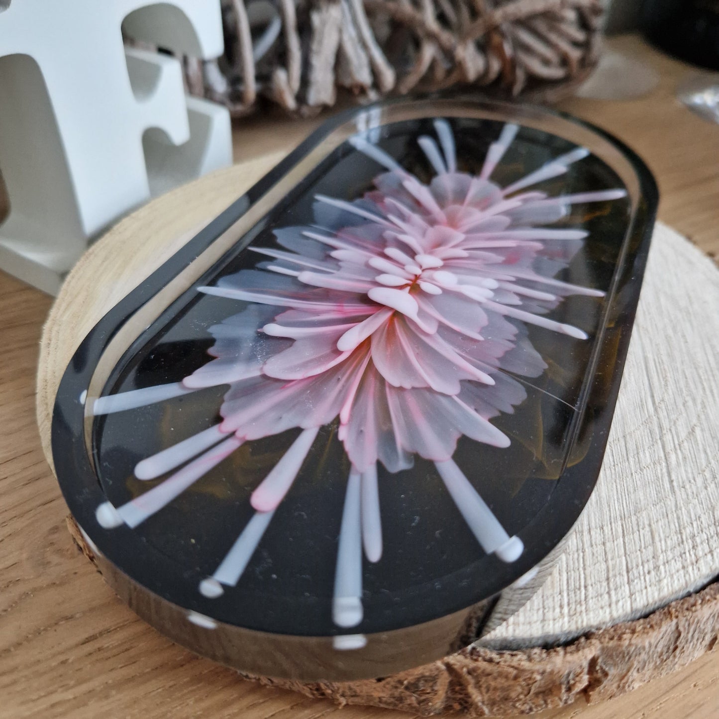 Resin Oval Trinket Dish - Pink and Black Bloom