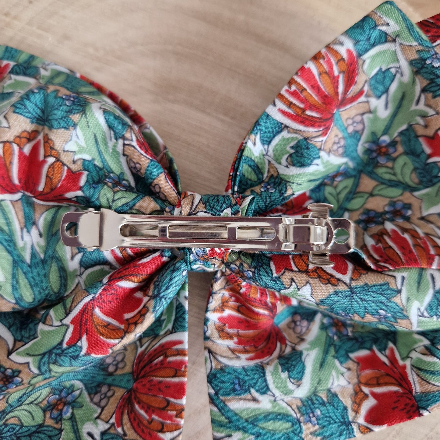 Vintage Liberty large hair bow - green and red floral print