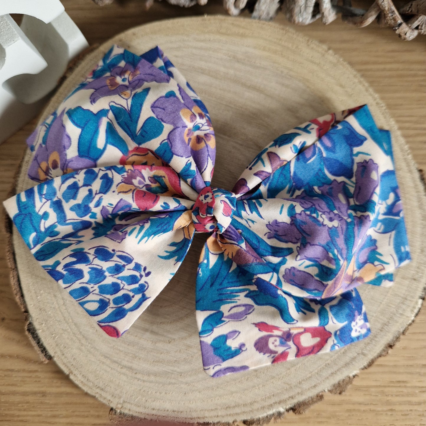 Vintage Liberty large hair bow - turquoise and lilac floral print