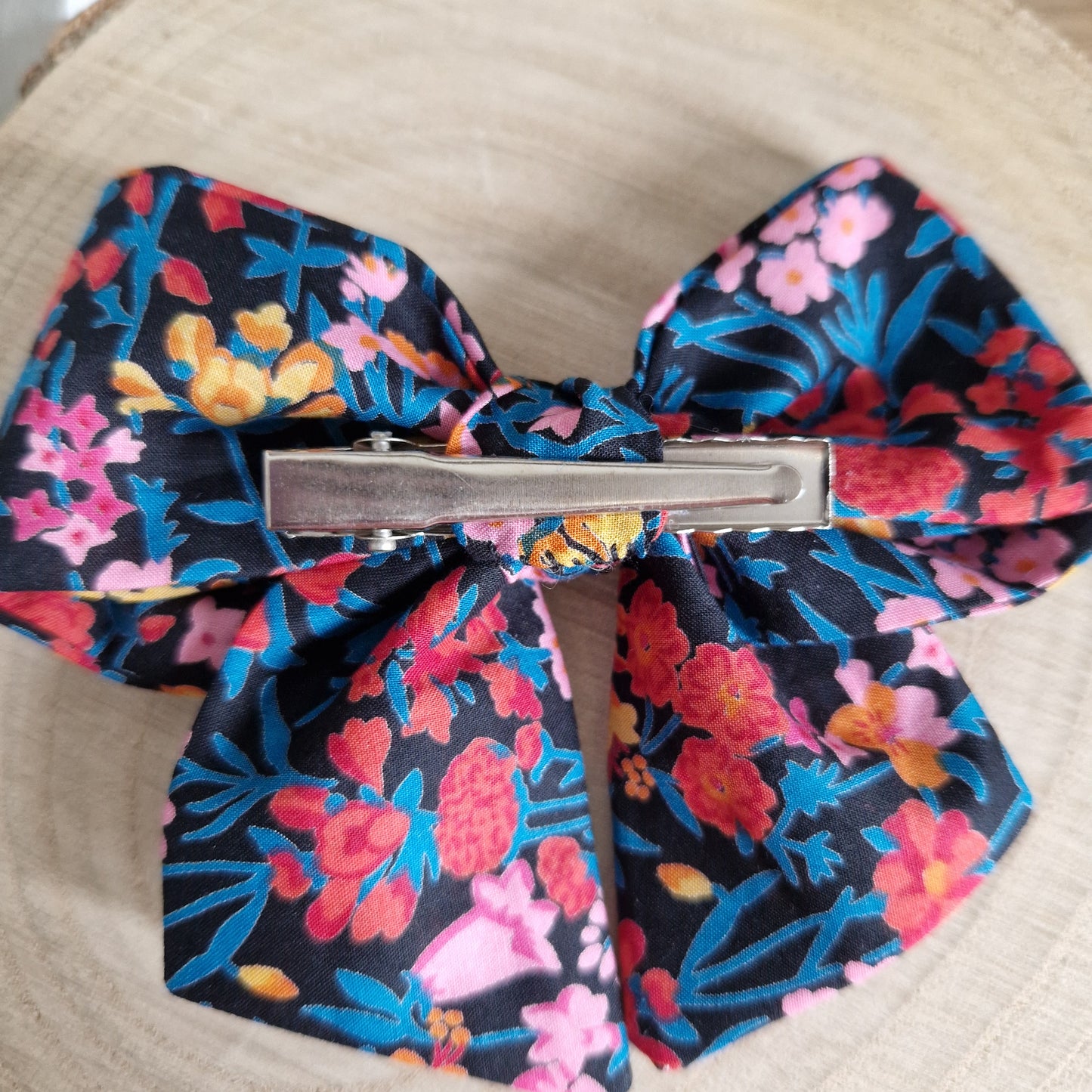 Vintage Liberty mini hair bow - black and pink floral print