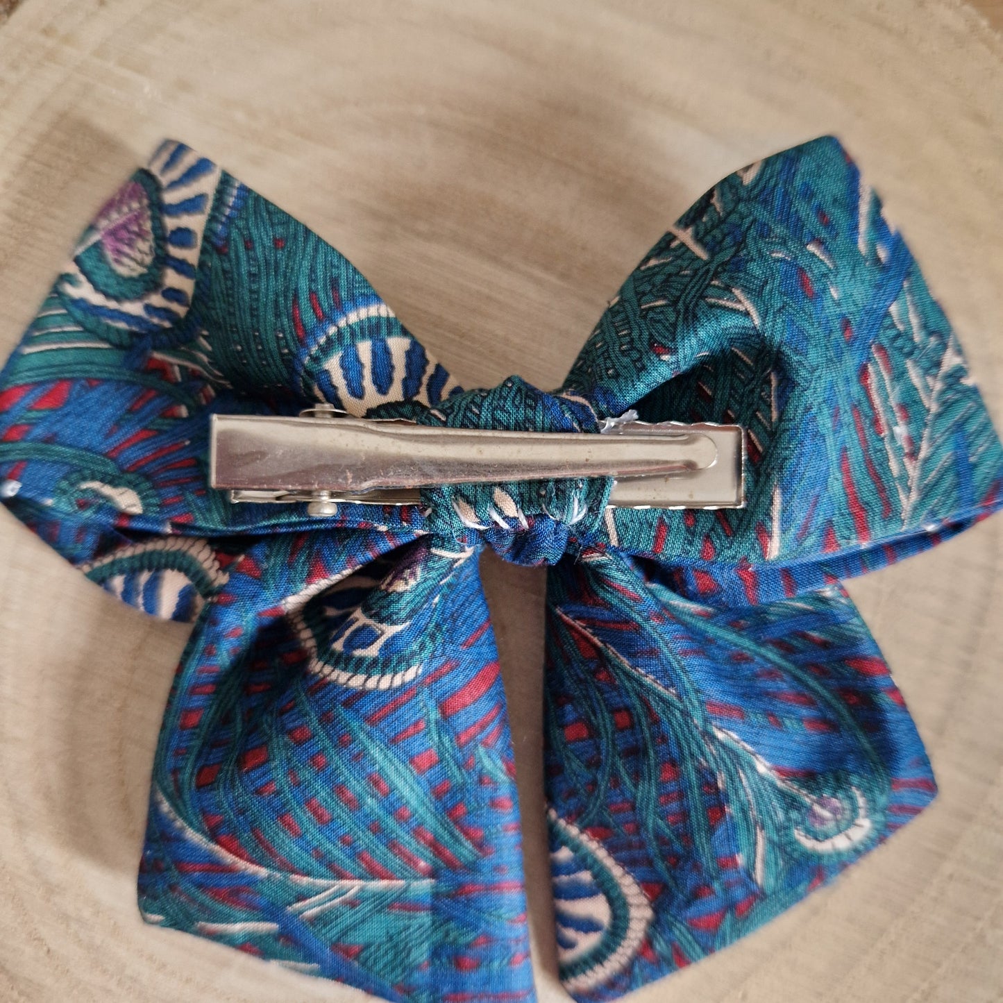 Vintage Liberty mini hair bow - teal peacock feather print
