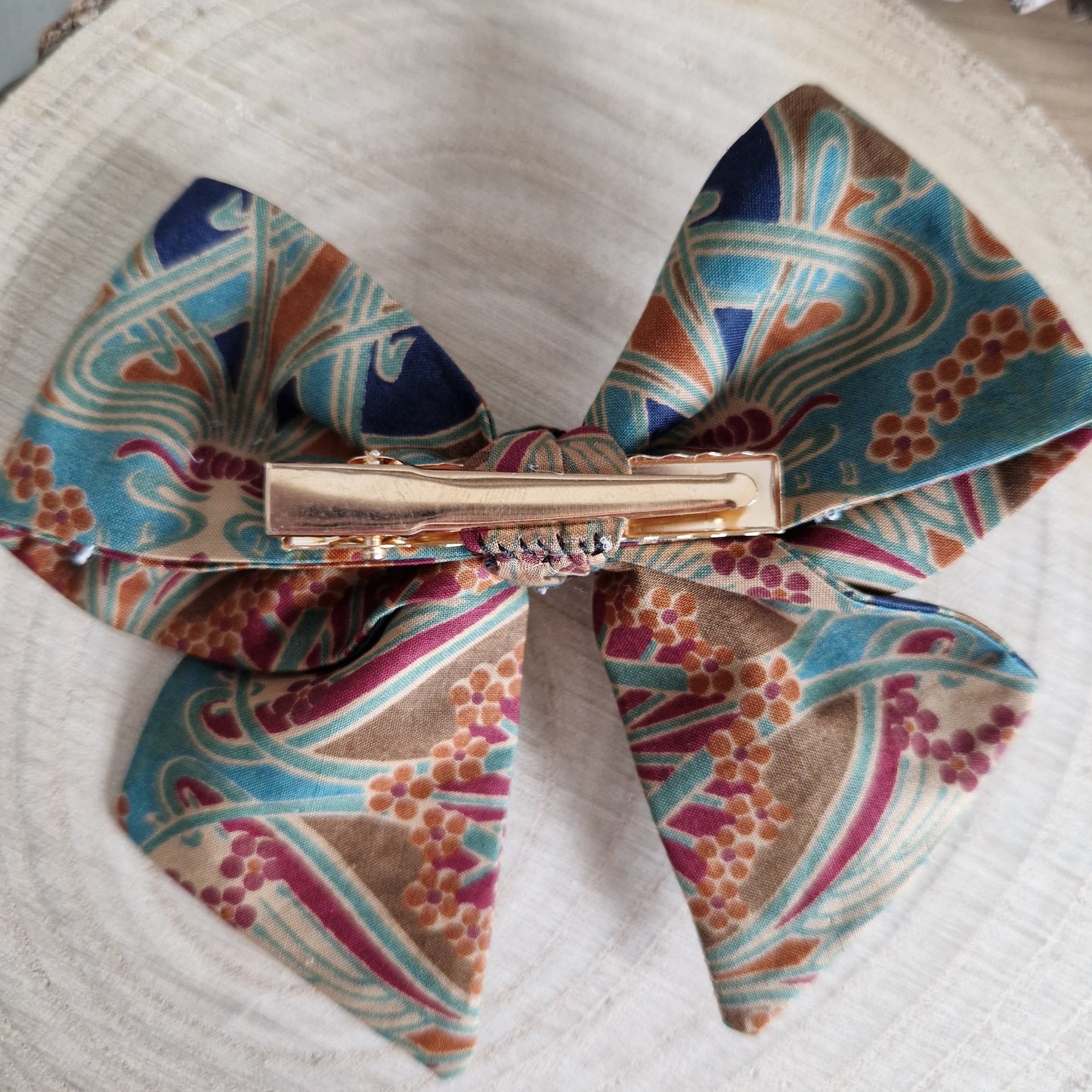 Vintage Liberty mini hair bow - brown art deco print