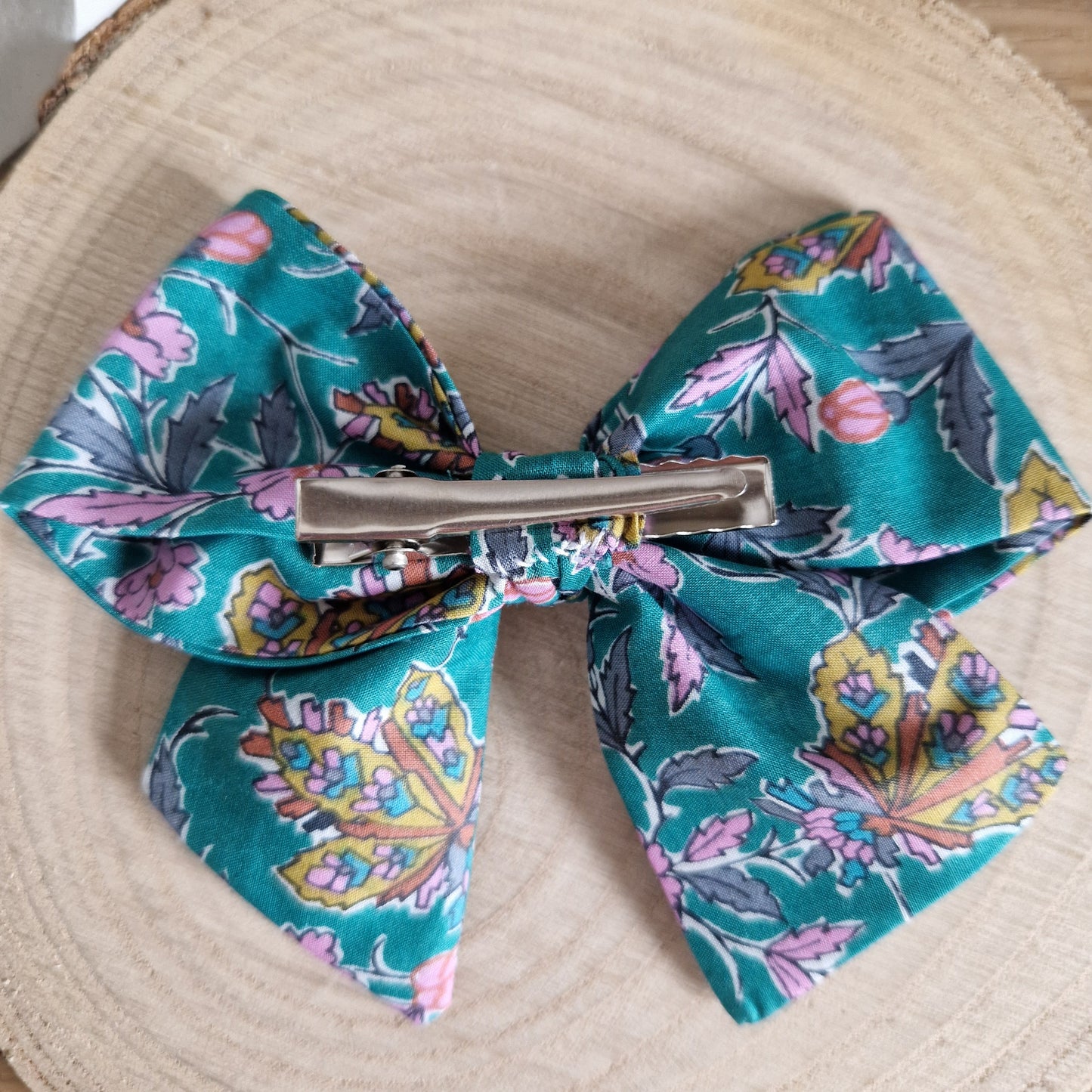 Vintage Liberty mini hair bow - green and pink floral print