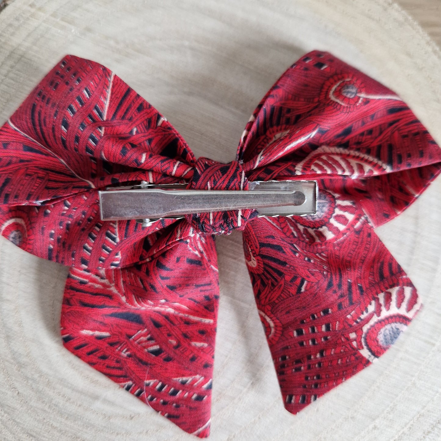 Vintage Liberty mini hair bow - red peacock feather print