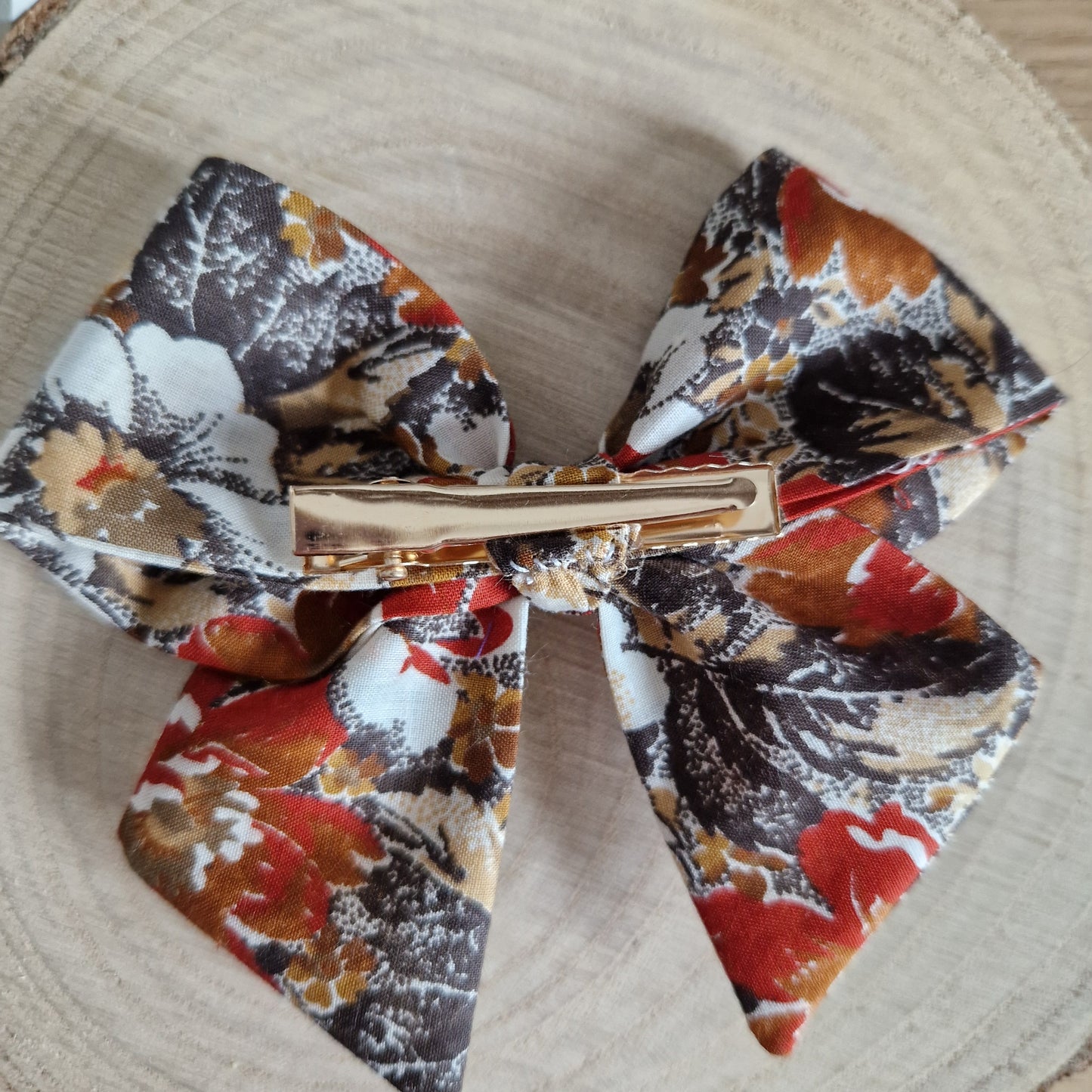 Brown floral vintage fabric hair bow
