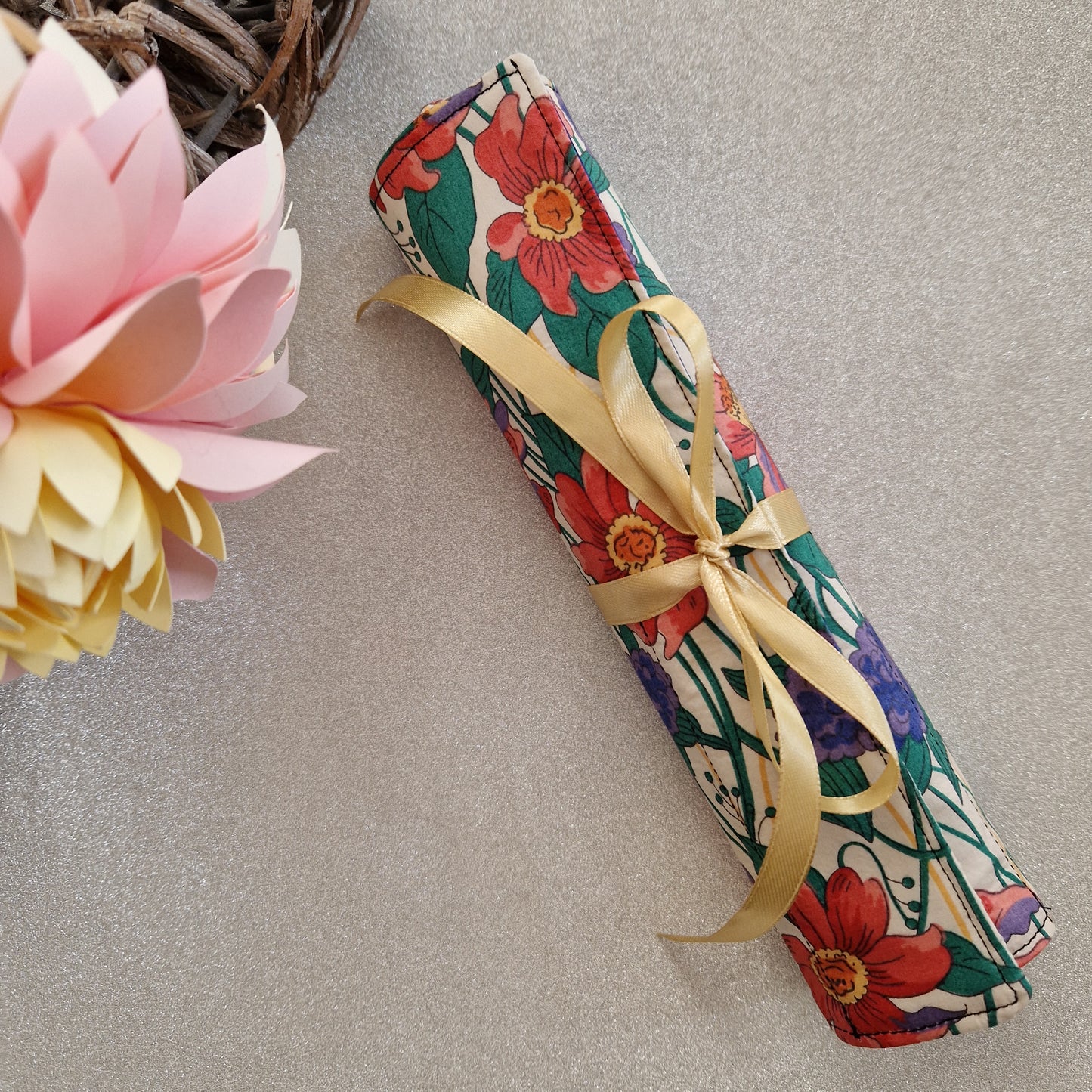 Vintage Liberty red and purple floral print make up brush roll