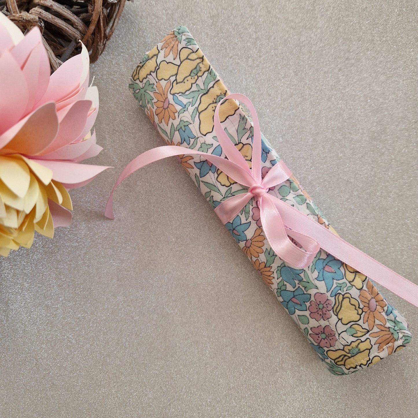 Vintage Liberty pastel floral print make up brush roll