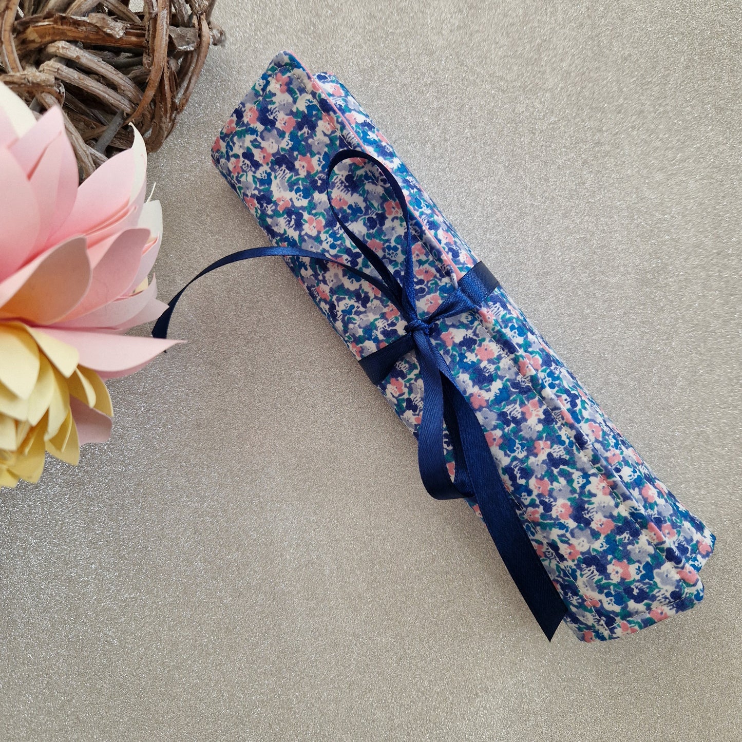Vintage Liberty ditsy blue floral print make up brush roll