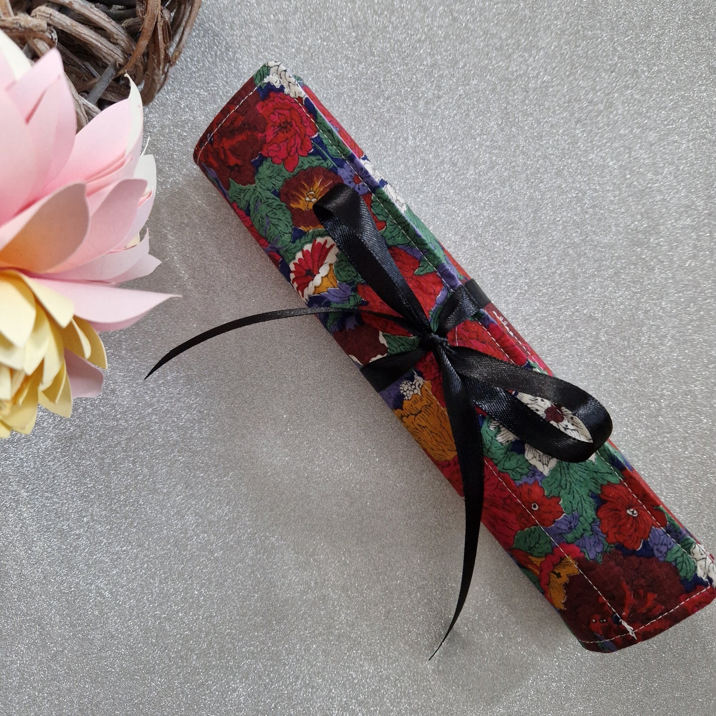 Vintage Liberty deep red floral print make up brush roll