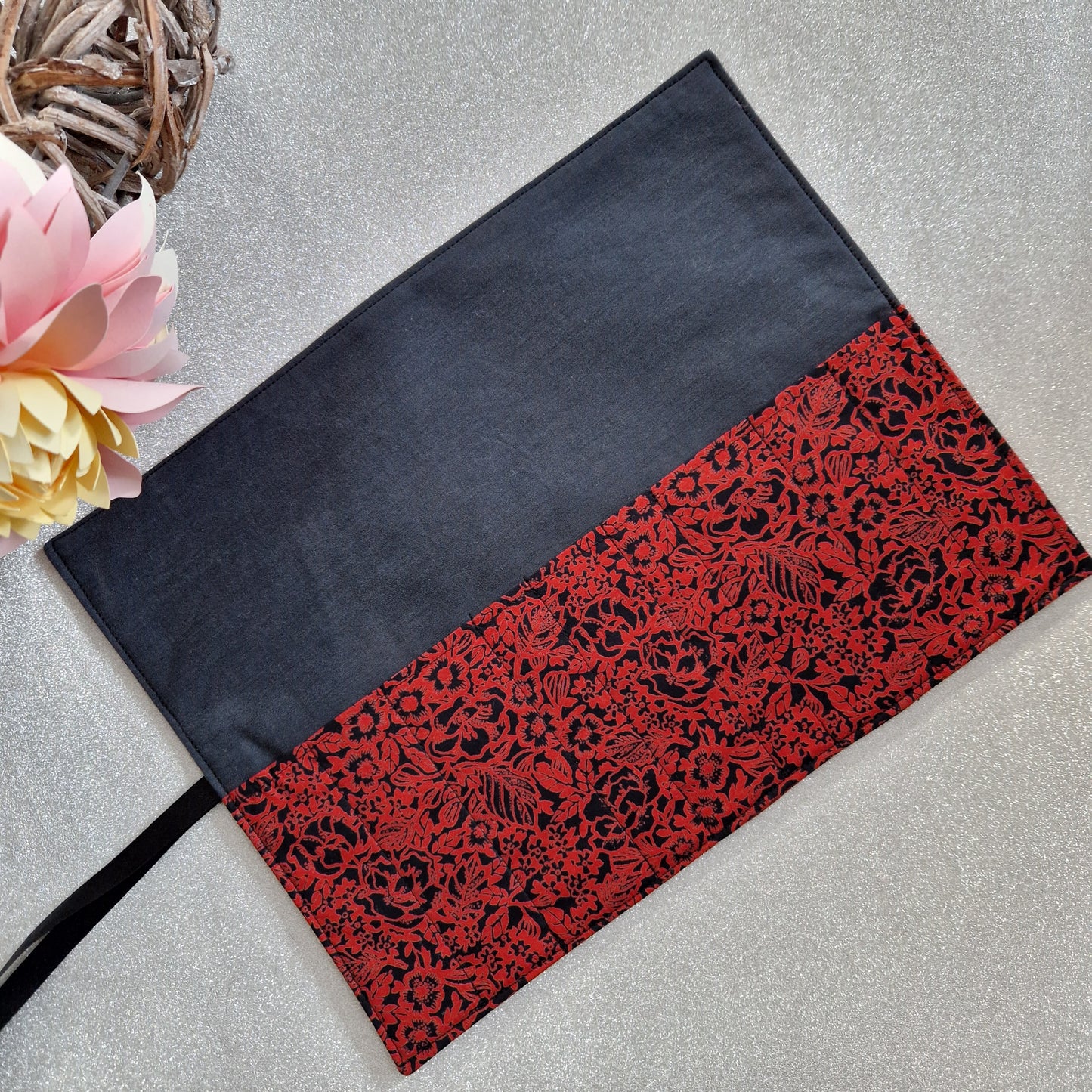 Vintage Liberty red and black floral print make up brush roll