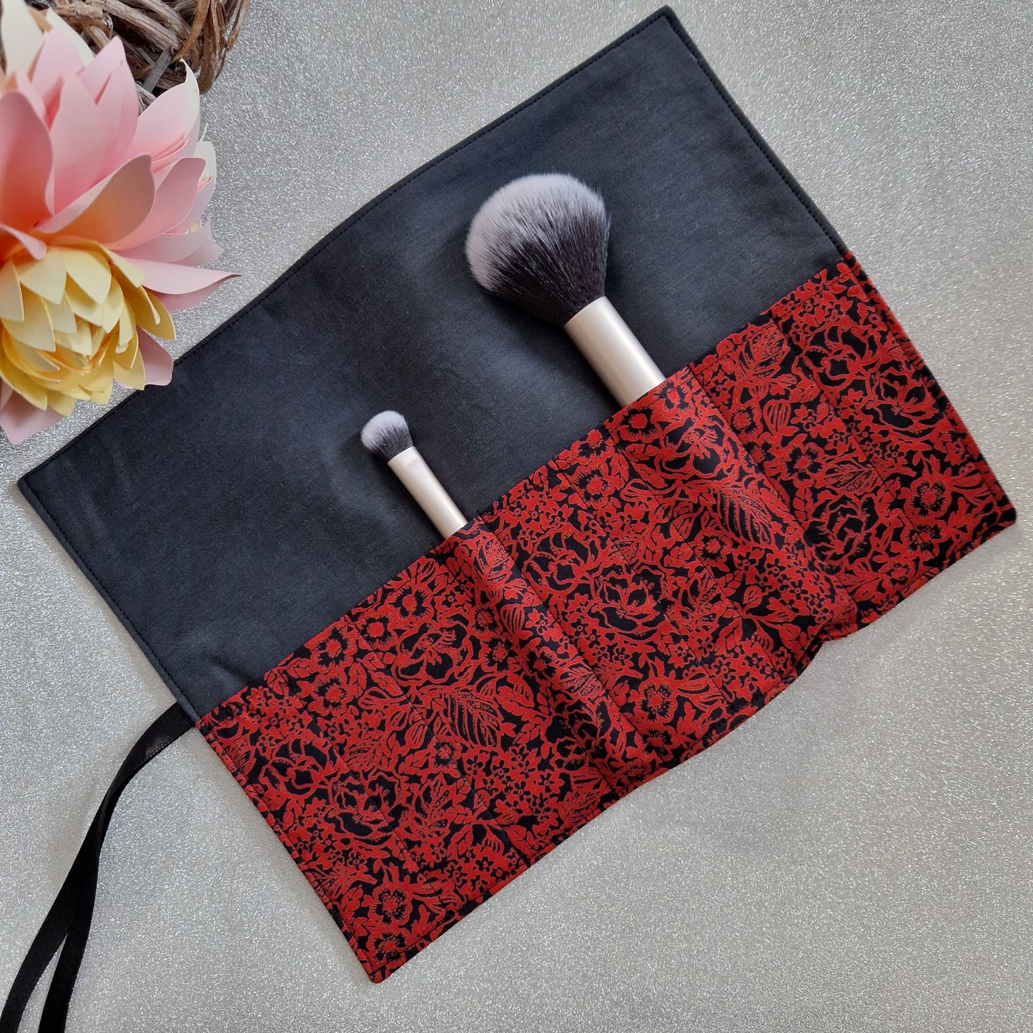 Vintage Liberty red and black floral print make up brush roll