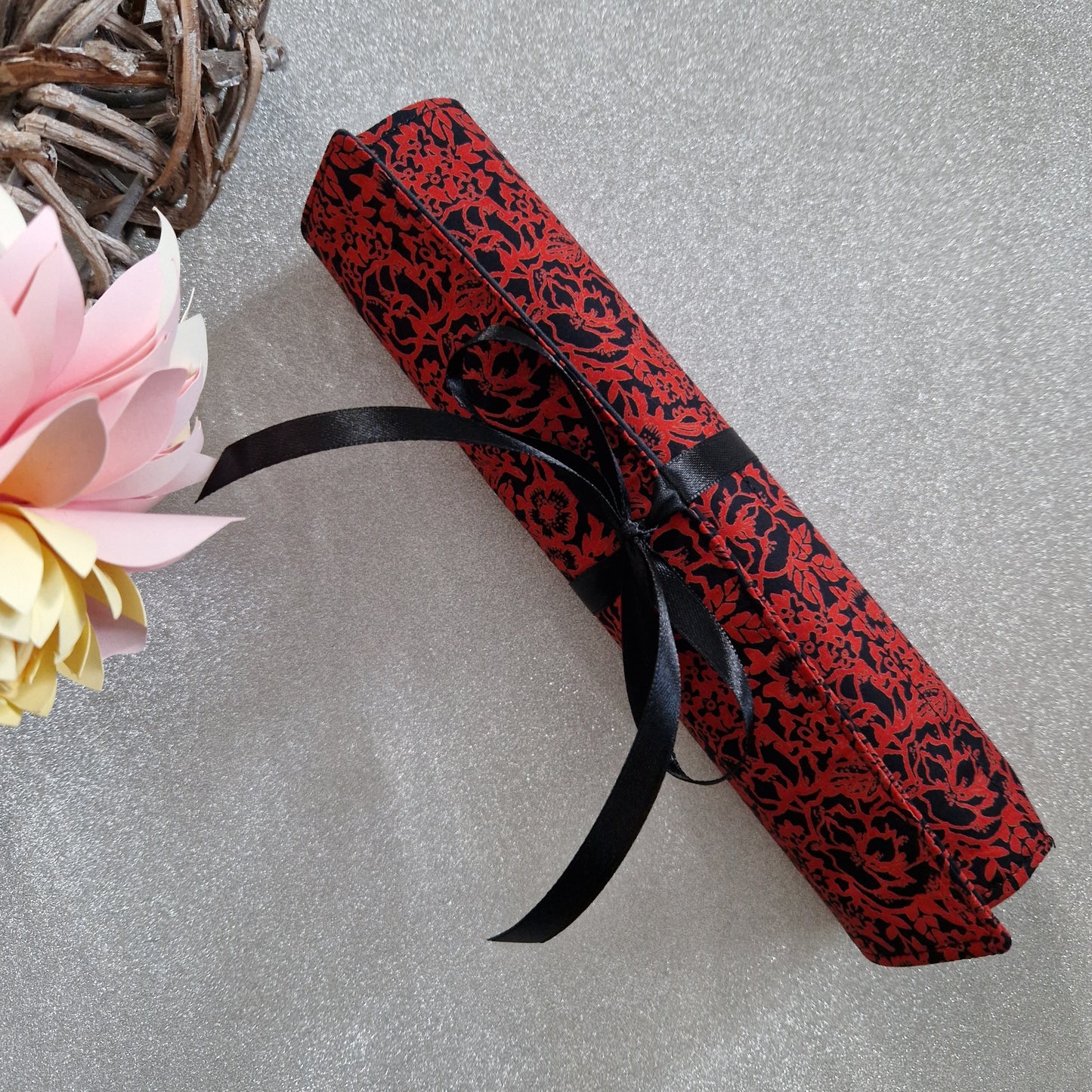 Vintage Liberty red and black floral print make up brush roll