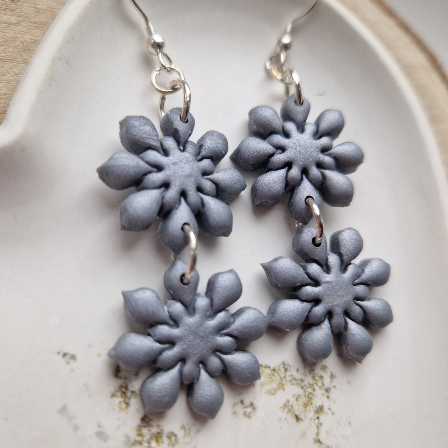 Clay Double Snowflake Earrings - Elsa in Dark Silver