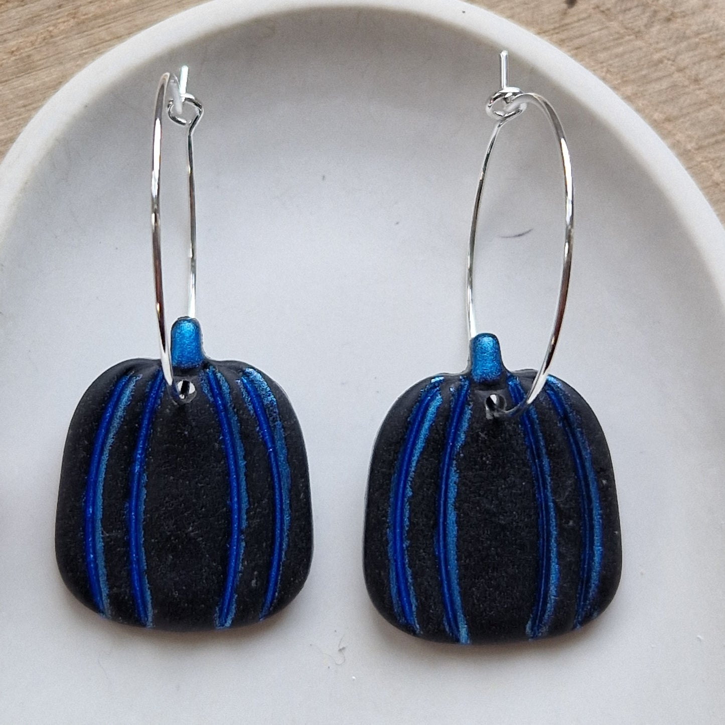 Clay Pumpkin Earrings - Witchy in Black and Blue