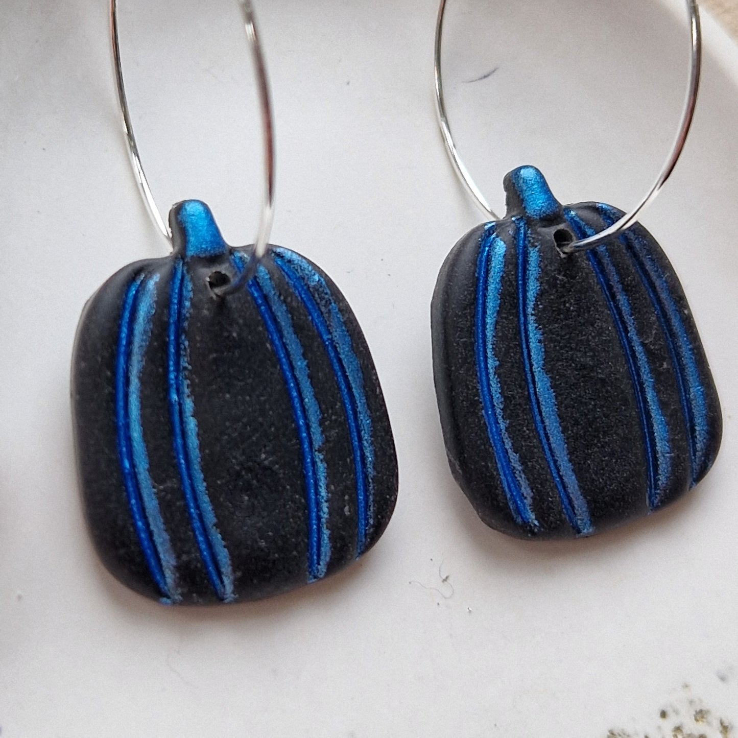 Clay Pumpkin Earrings - Witchy in Black and Blue