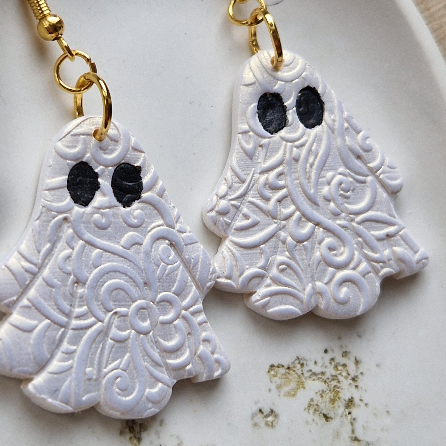 Clay Ghost Earrings - Spooky in White Embossed