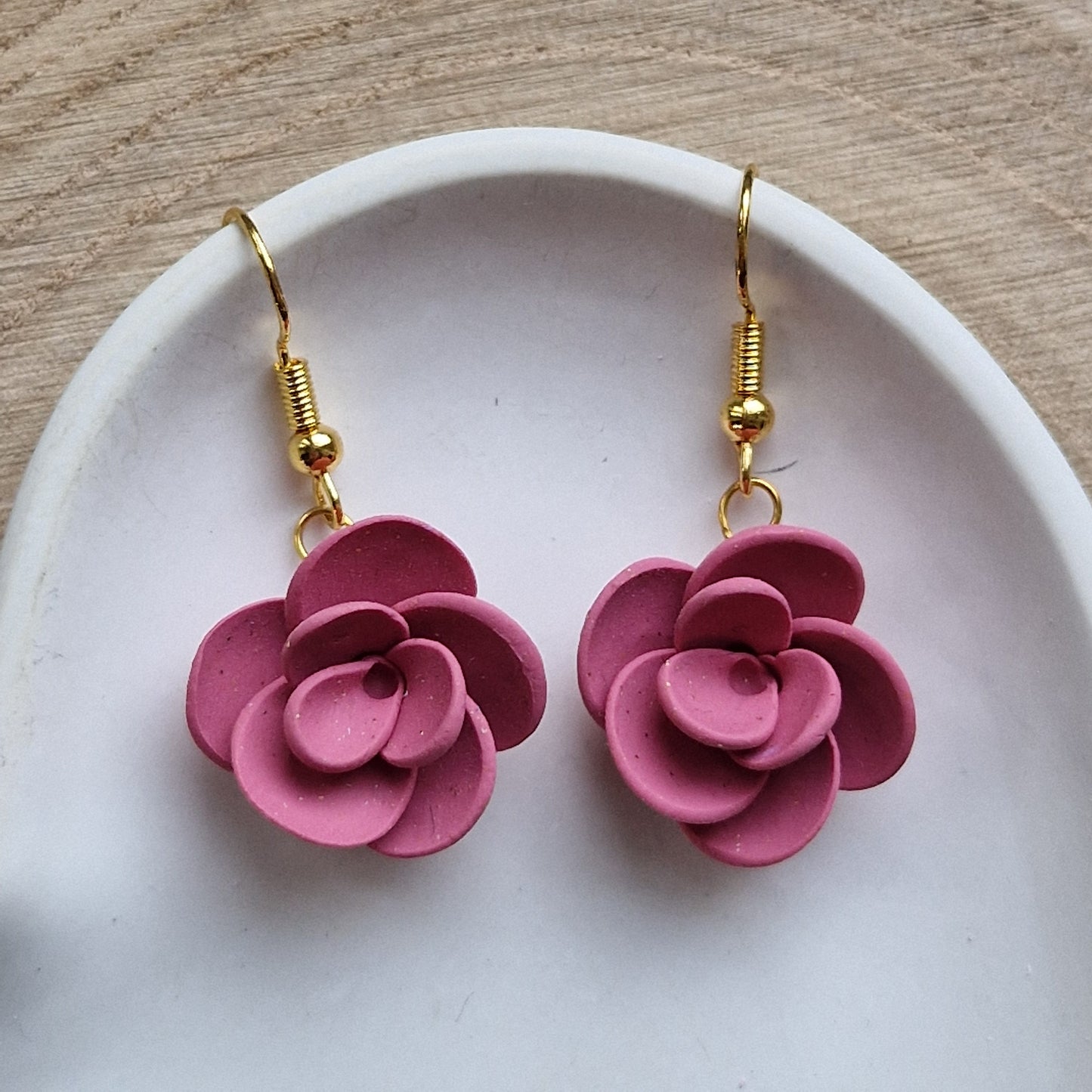 Clay Flower Earrings - Claudia in Deep Rose Pink