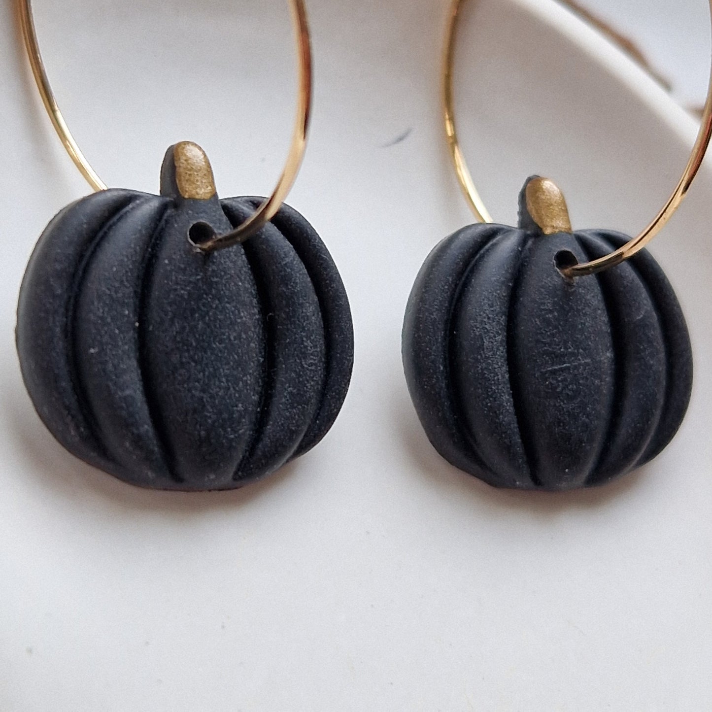 Clay Pumpkin Earrings - Midnight in Black and Gold