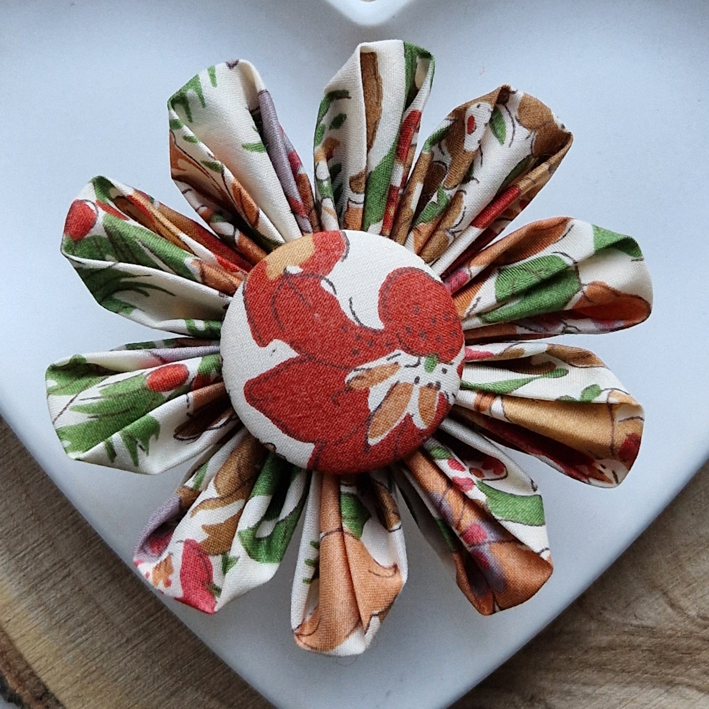 Eliza - Vintage Liberty fabric kanzashi-style flower brooch - terracotta and green floral print