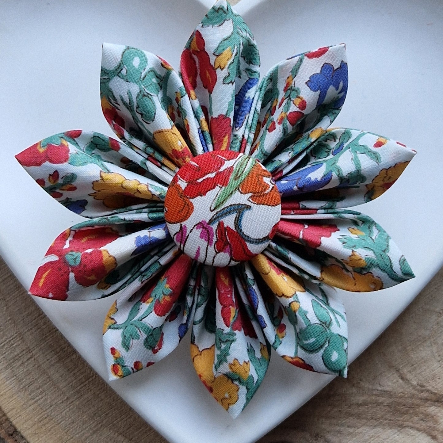 Leilani - Vintage Liberty fabric kanzashi-style flower brooch - orange, yellow and blue floral print
