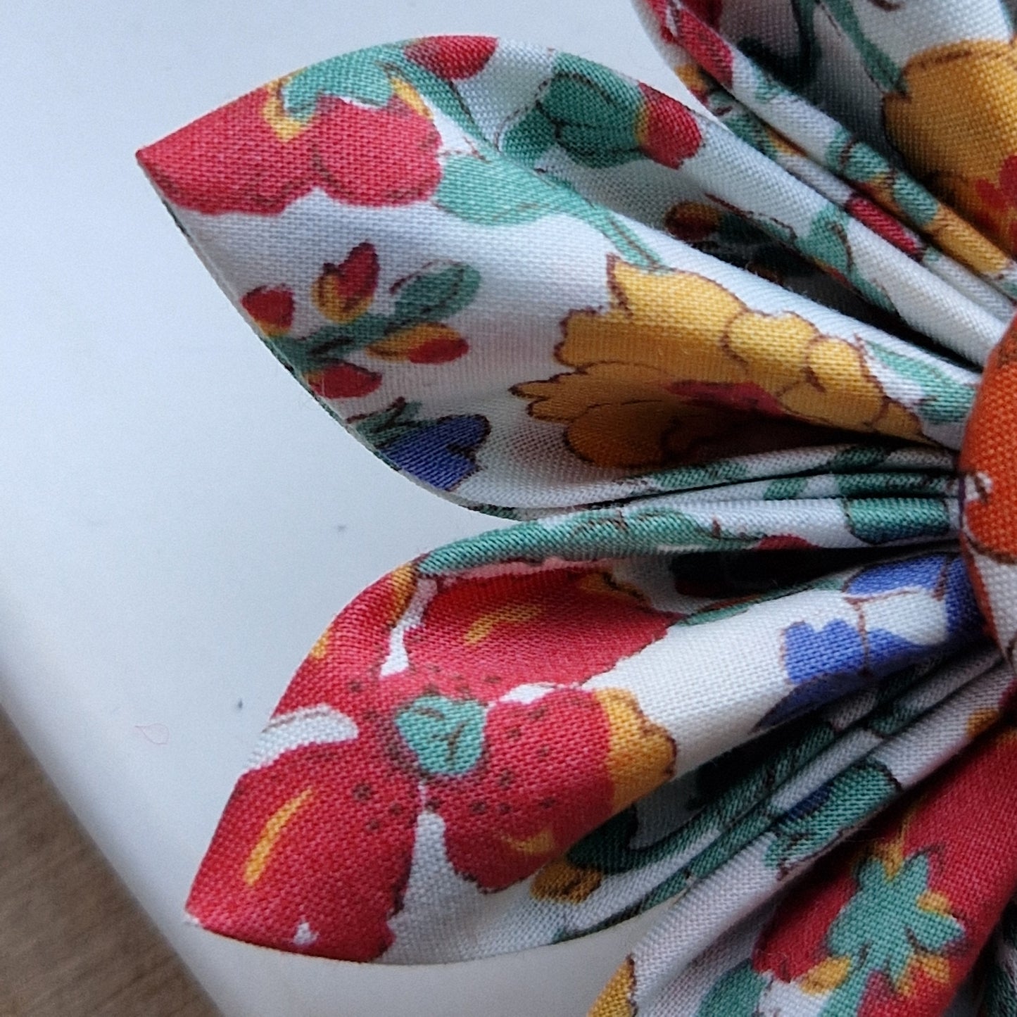 Leilani - Vintage Liberty fabric kanzashi-style flower brooch - orange, yellow and blue floral print