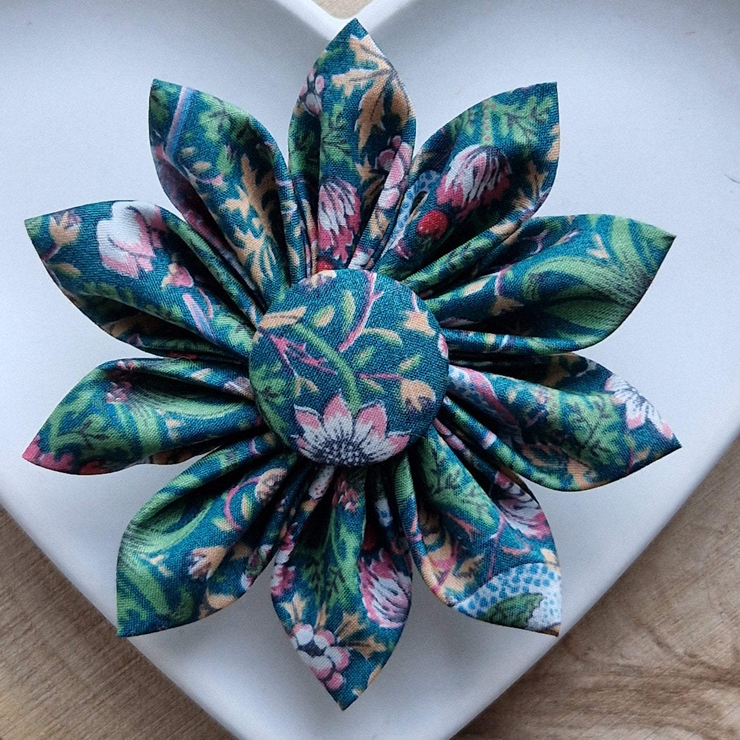 Clover - Vintage Liberty fabric kanzashi-style flower brooch - green floral print
