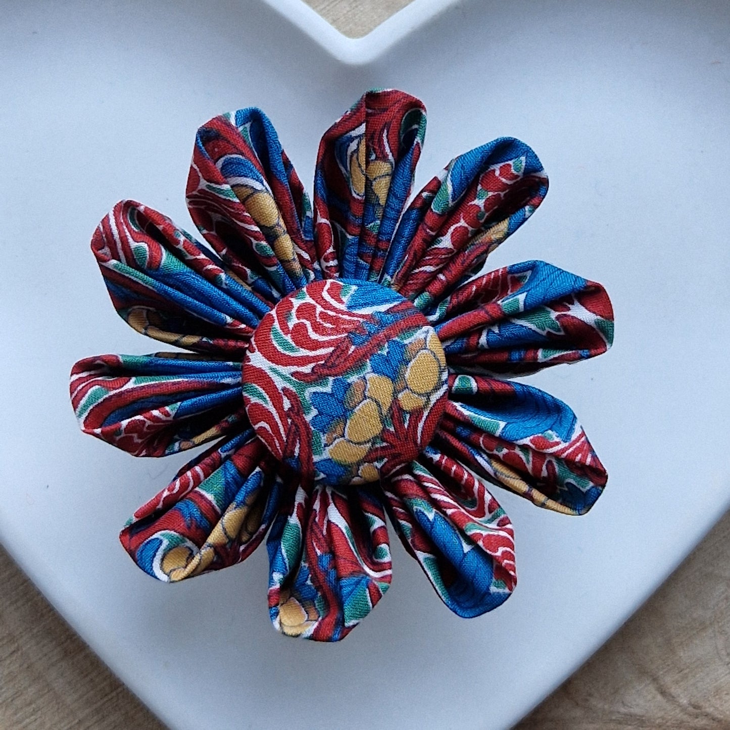 Saffron - Vintage Liberty fabric kanzashi-style flower brooch - red, blue and yellow floral print