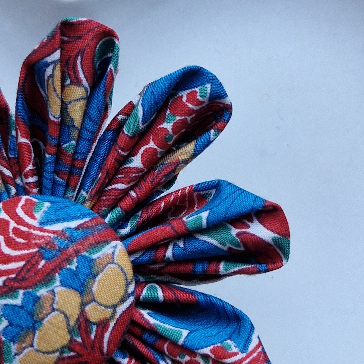 Saffron - Vintage Liberty fabric kanzashi-style flower brooch - red, blue and yellow floral print
