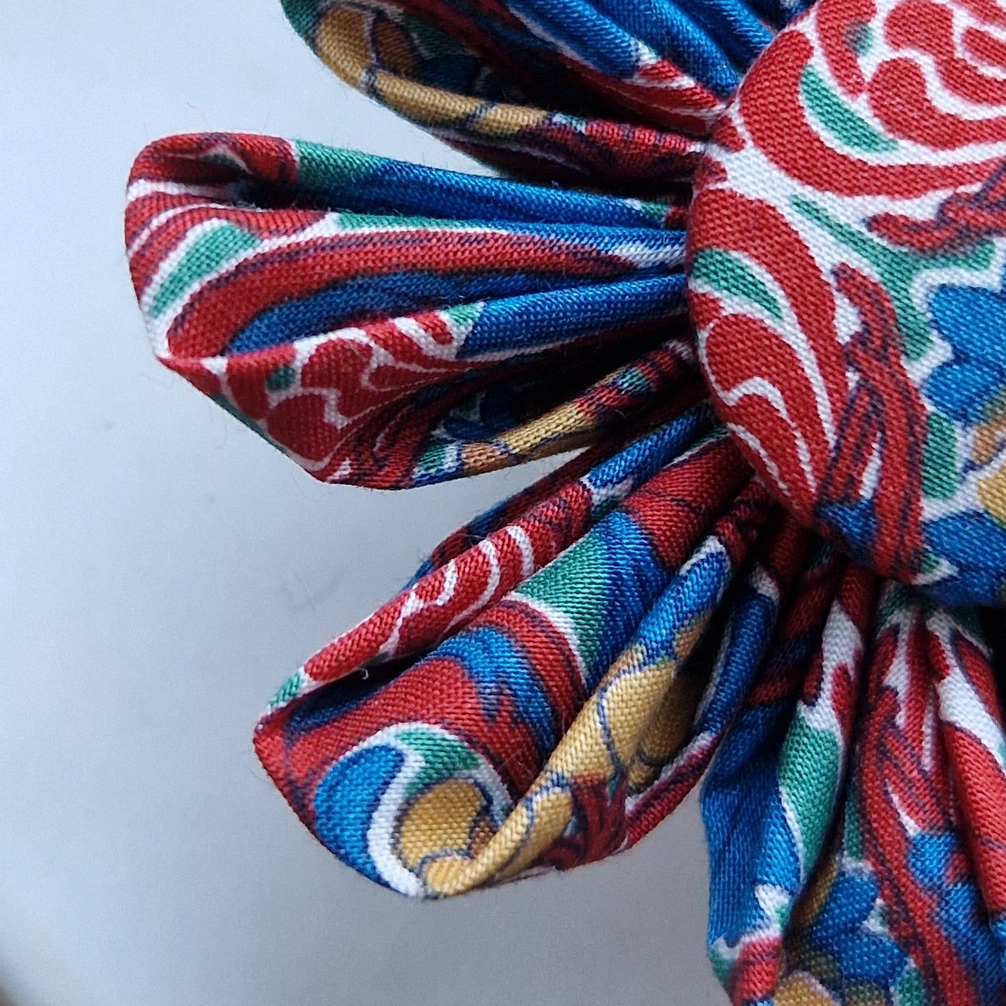 Saffron - Vintage Liberty fabric kanzashi-style flower brooch - red, blue and yellow floral print