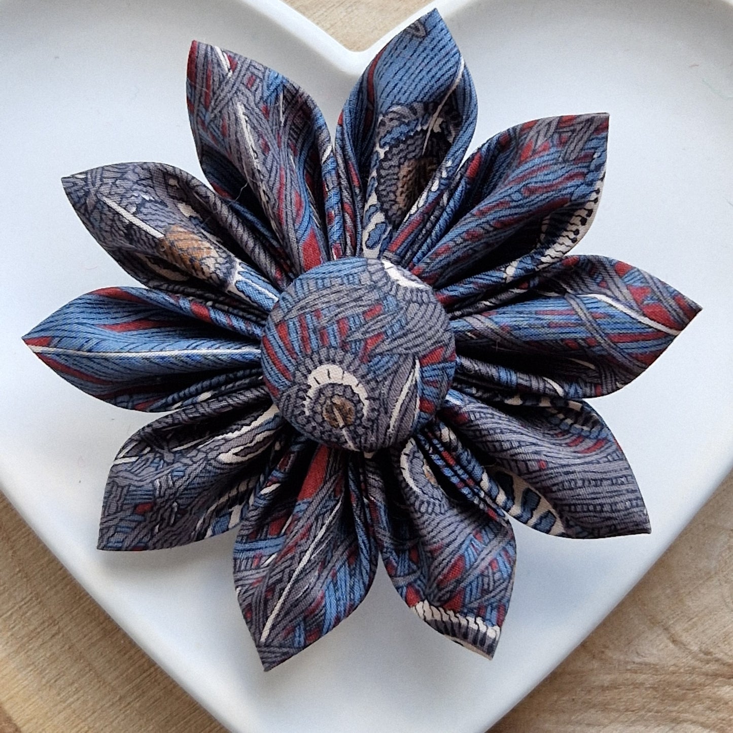 Yasmin - Vintage Liberty fabric kanzashi-style flower brooch - blue grey peacock print