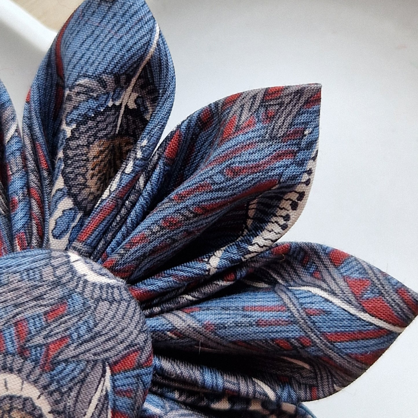 Yasmin - Vintage Liberty fabric kanzashi-style flower brooch - blue grey peacock print
