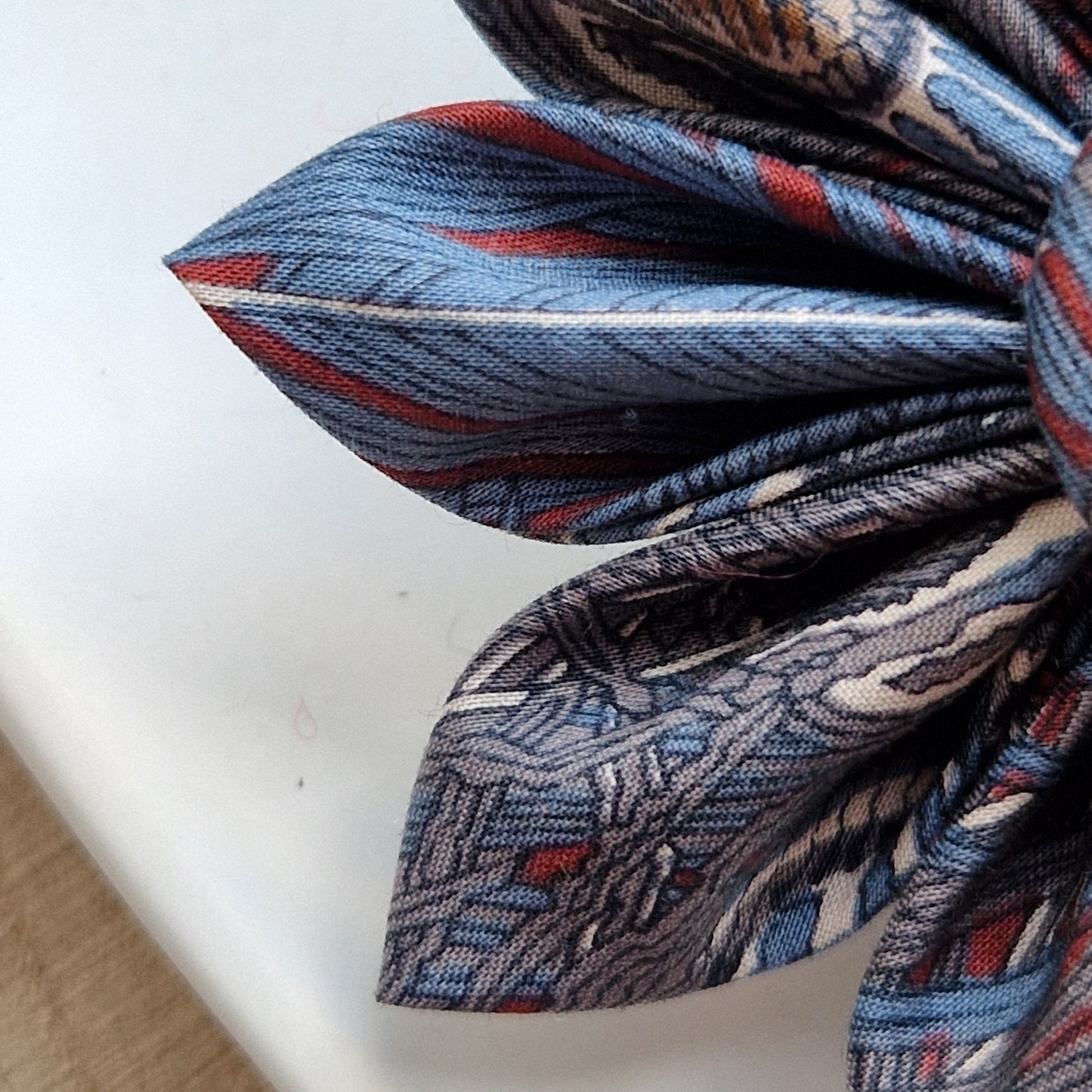 Yasmin - Vintage Liberty fabric kanzashi-style flower brooch - blue grey peacock print
