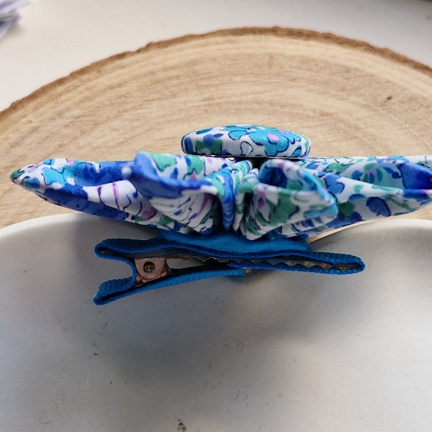 Vintage Liberty fabric kanzashi-style flower hair clip - teal floral print