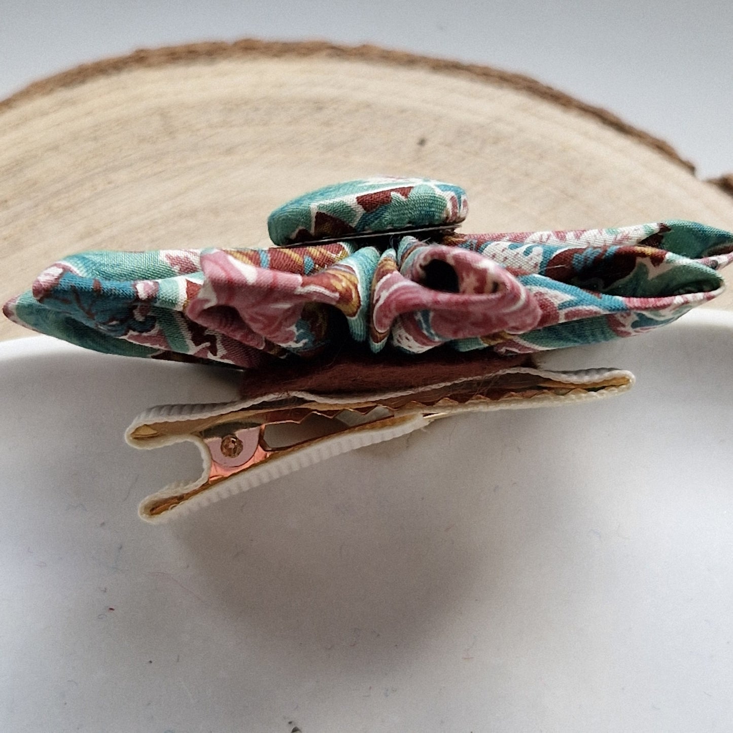 Vintage Liberty fabric kanzashi-style flower hair clip - brown and green floral print