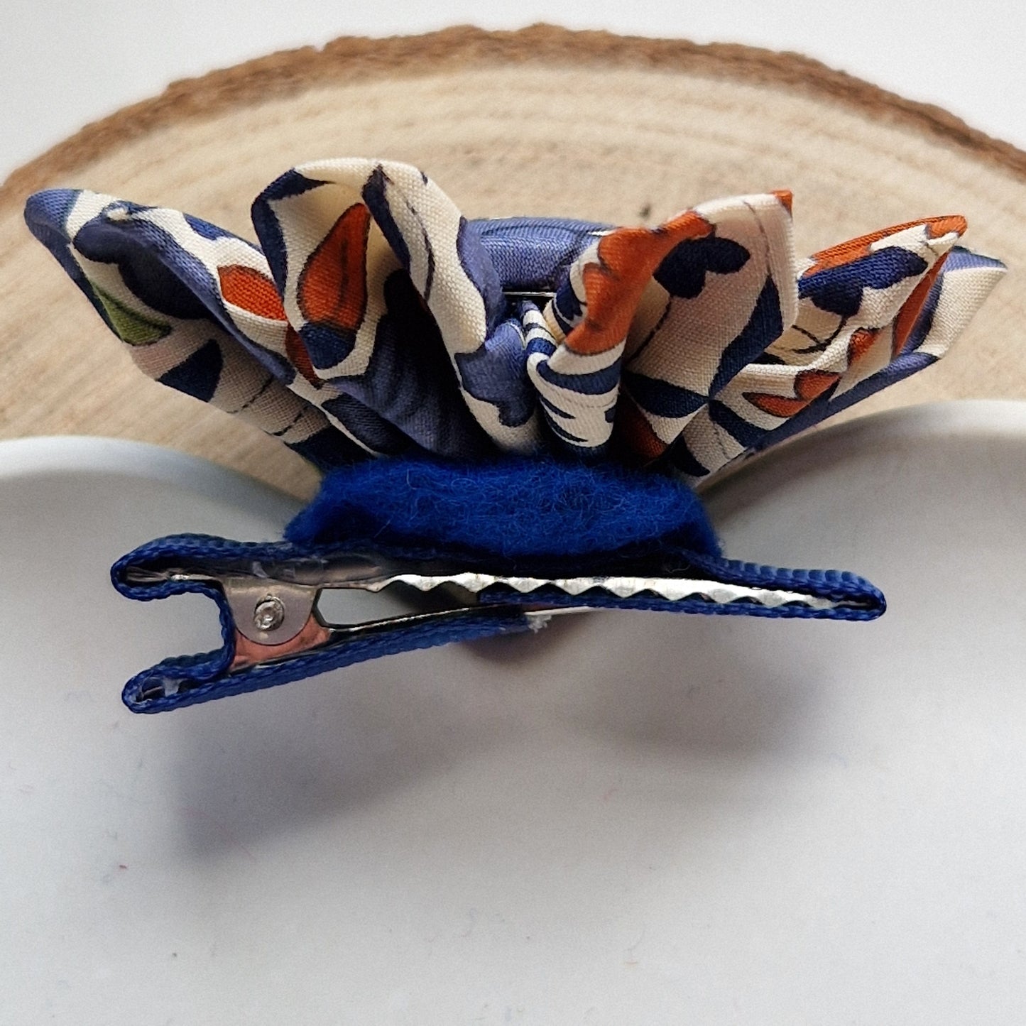 Vintage Liberty fabric kanzashi-style flower hair clip - blue, rust and green floral print