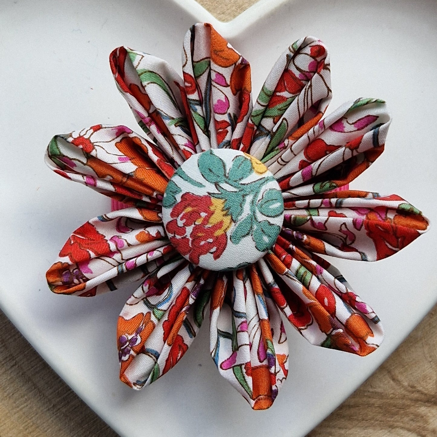 Vintage Liberty fabric kanzashi-style flower hair clip - citrus floral print