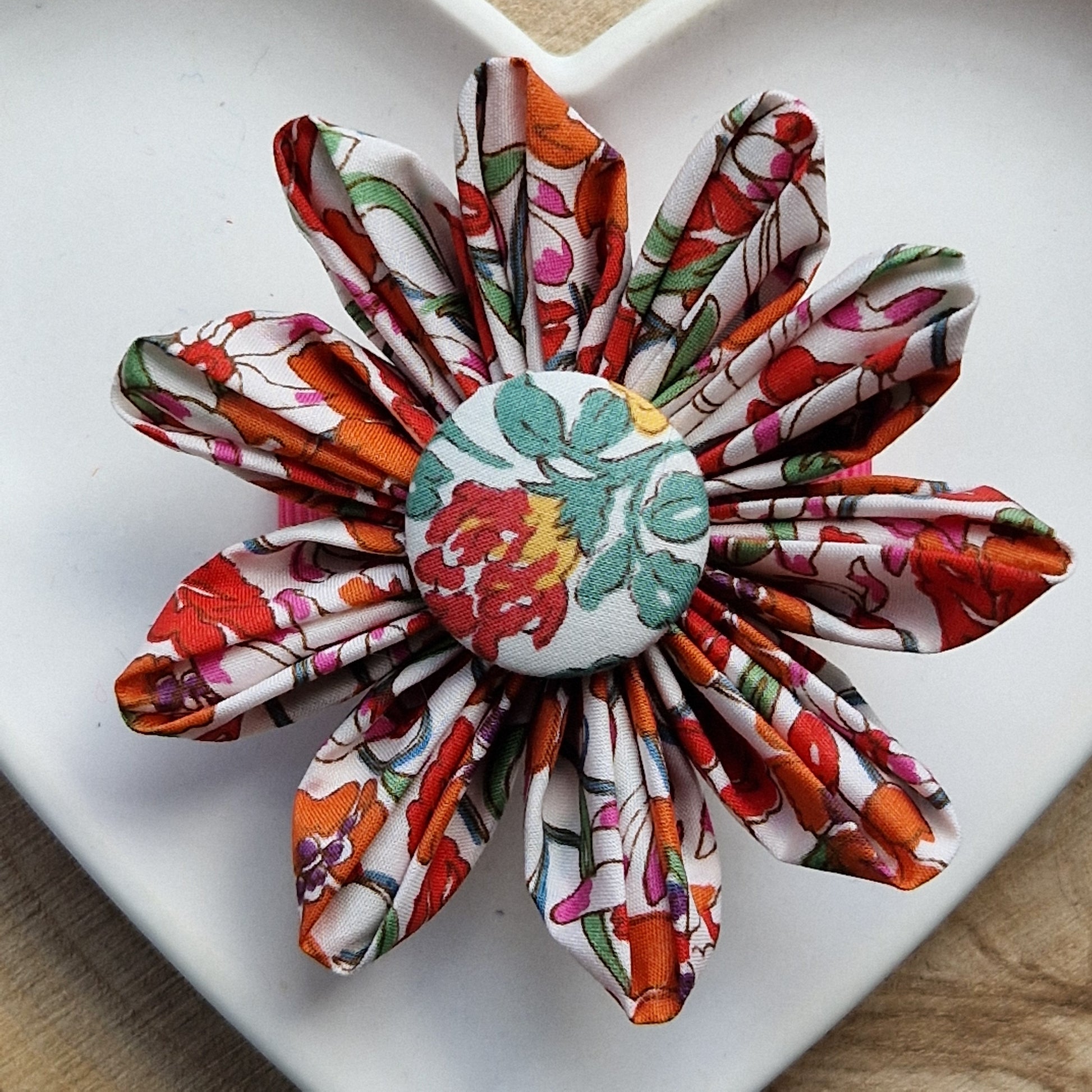 Vintage Liberty fabric kanzashi-style flower hair clip - citrus floral print