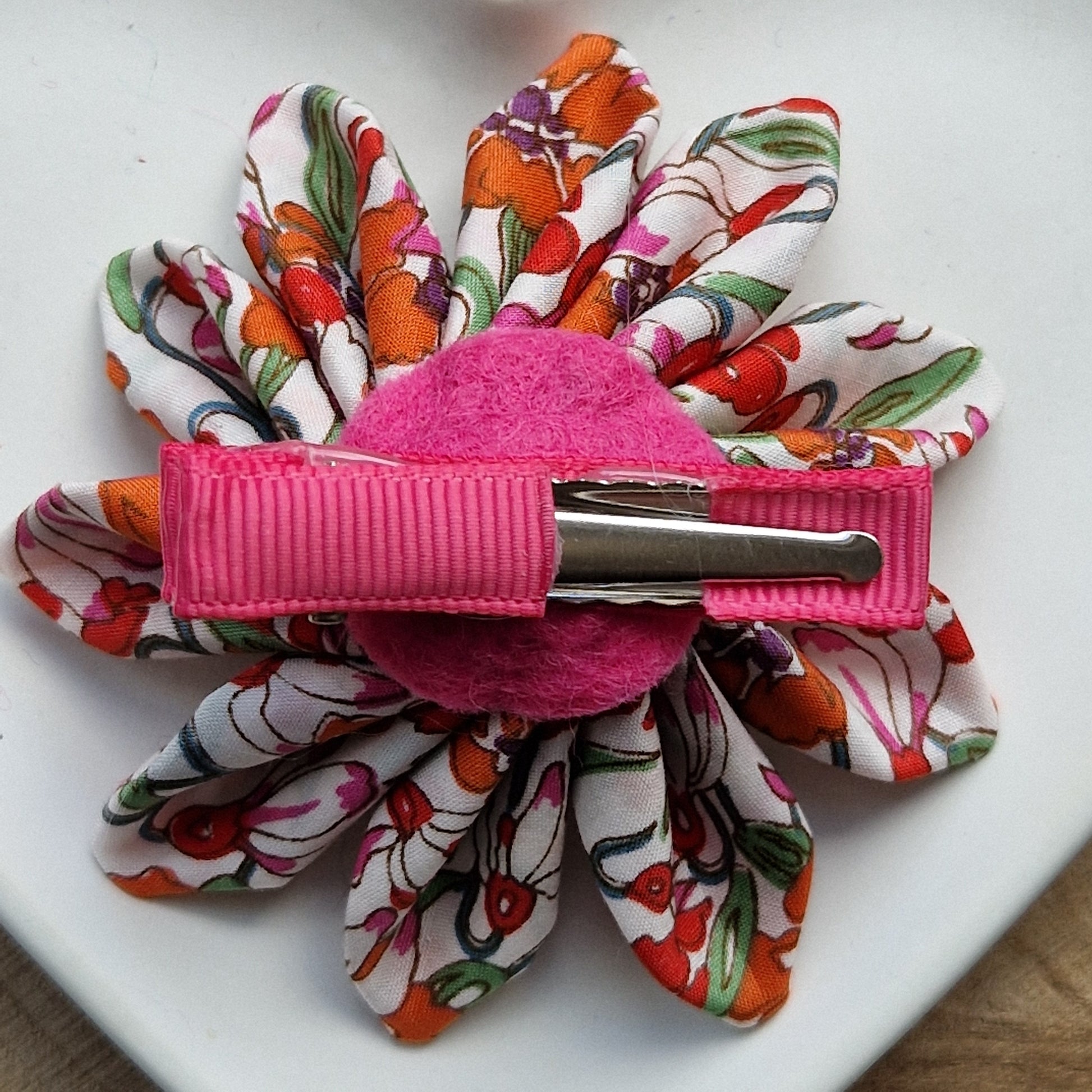 Vintage Liberty fabric kanzashi-style flower hair clip - citrus floral print