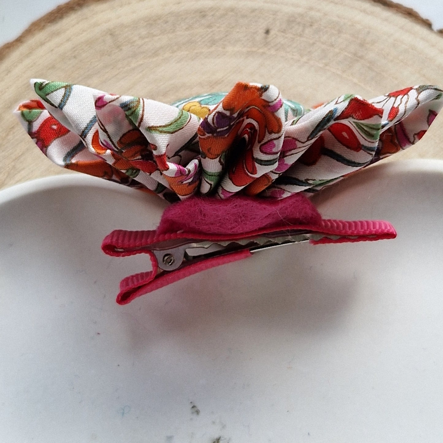 Vintage Liberty fabric kanzashi-style flower hair clip - citrus floral print