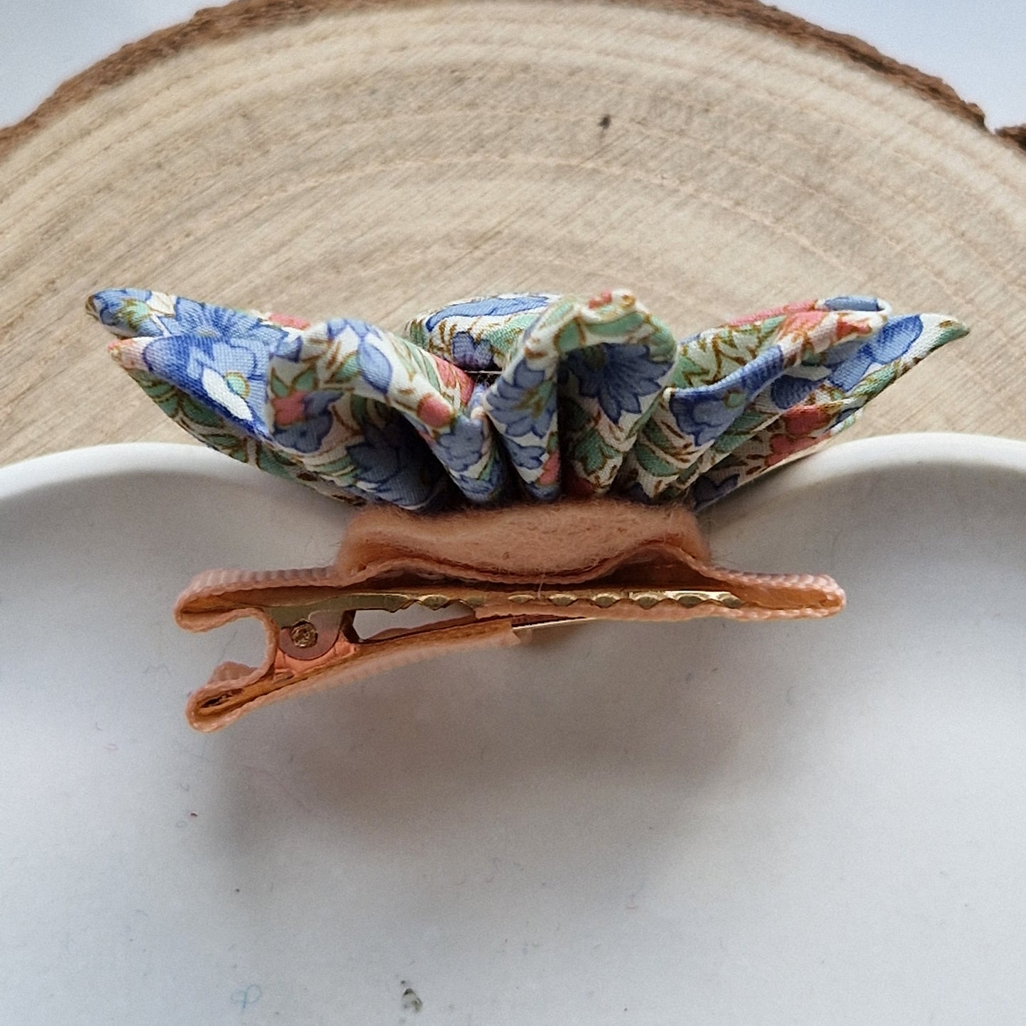 Vintage Liberty fabric kanzashi-style flower hair clip - peachy blue floral print