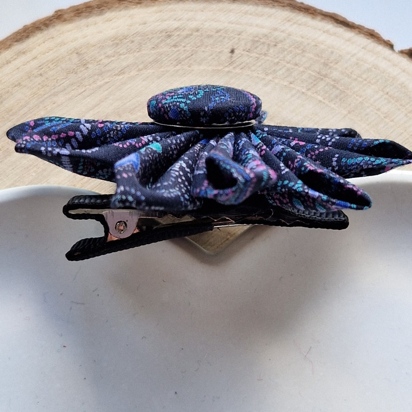 Vintage Liberty fabric kanzashi-style flower hair clip - black paisley print