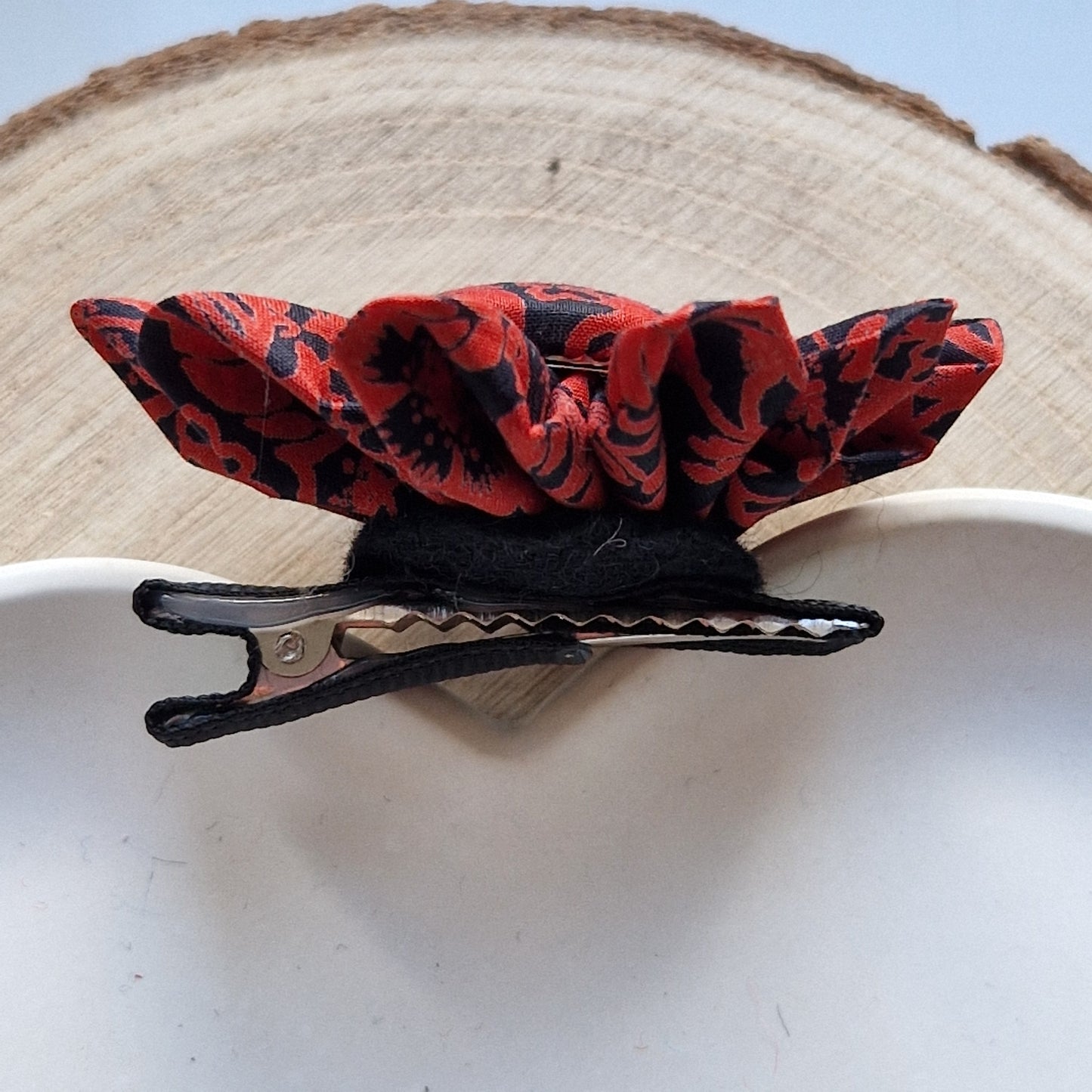 Vintage Liberty fabric kanzashi-style flower hair clip - red and black floral print