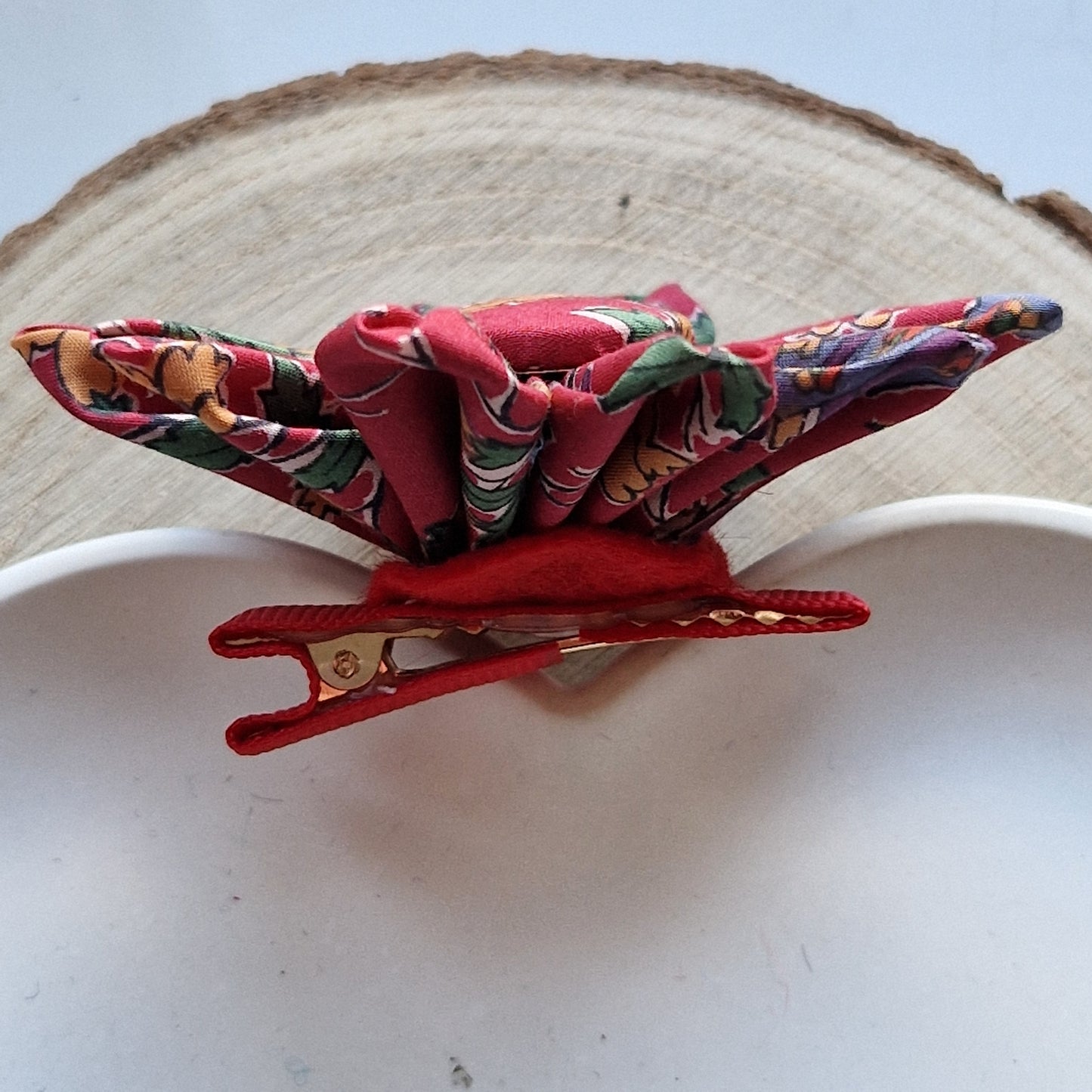 Vintage Liberty fabric kanzashi-style flower hair clip - red floral print