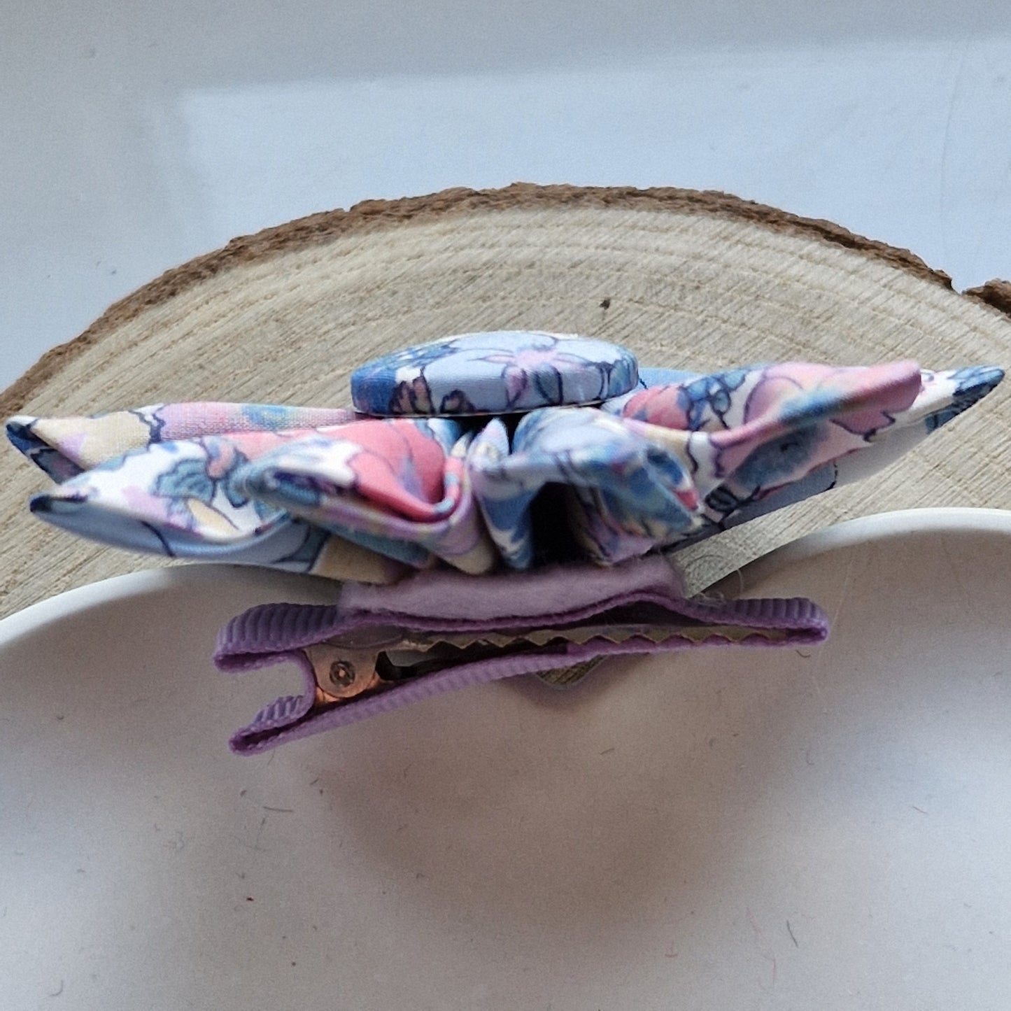 Vintage Liberty fabric kanzashi-style flower hair clip - pale blue floral print