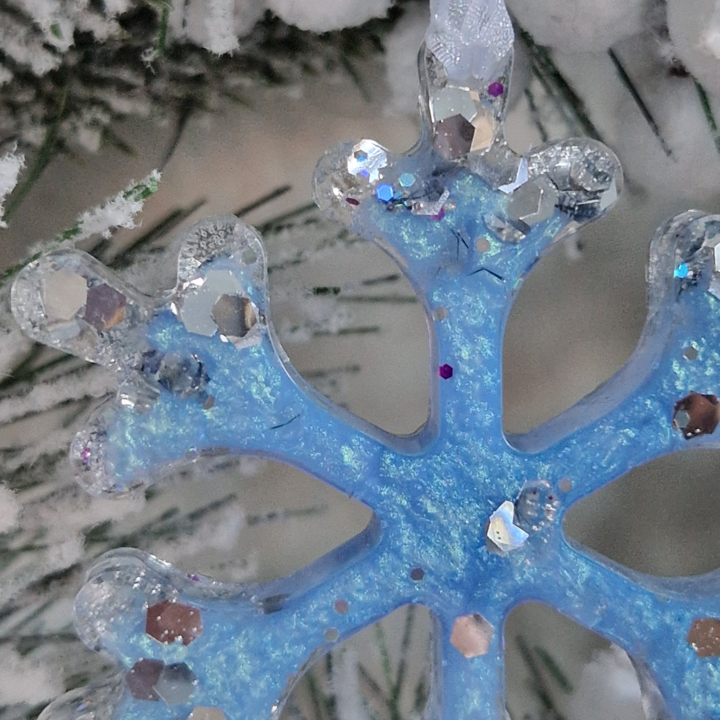 Close up of baby blue snowflake decoration