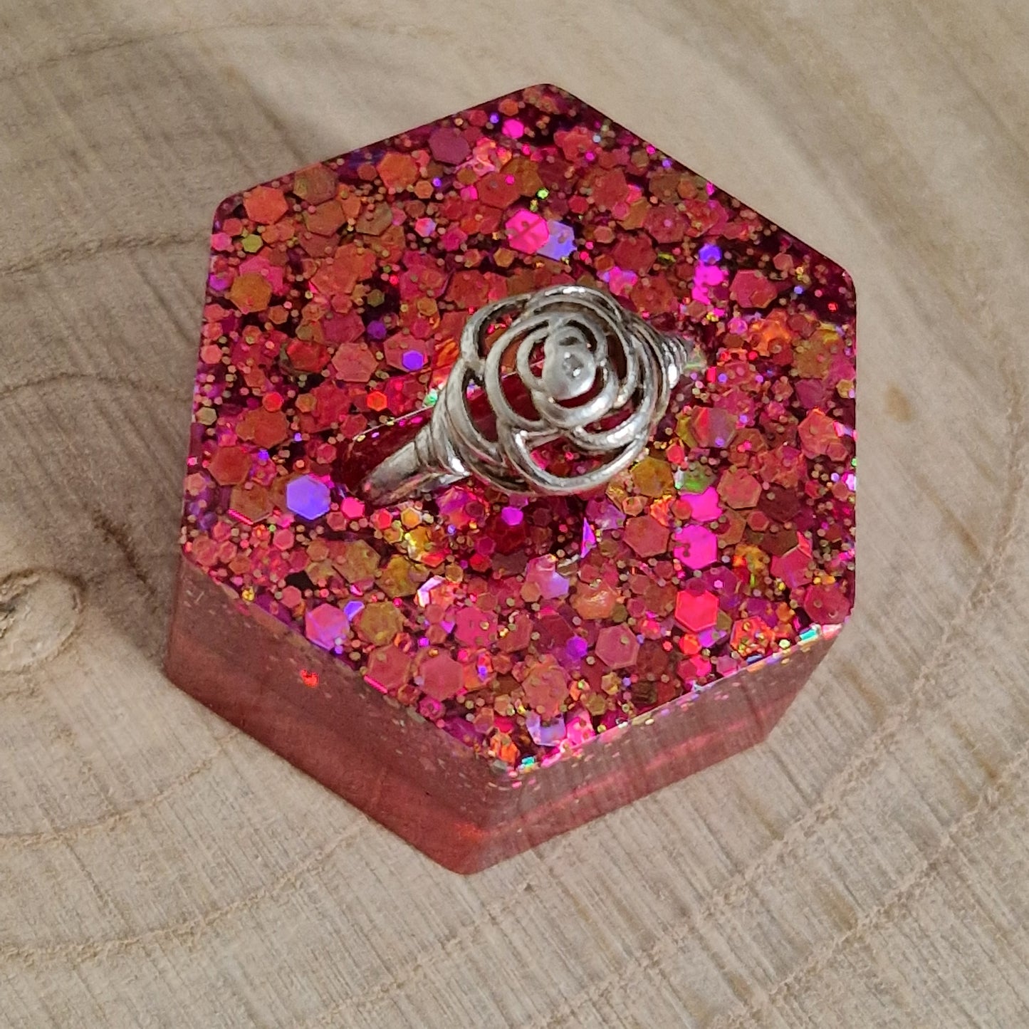 Resin Ring Holder - Ruby Red Glitter Hexagon