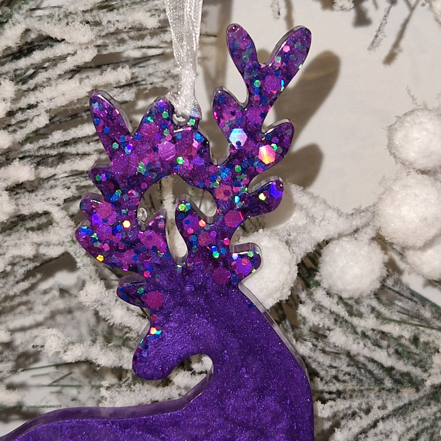Resin Reindeer Decoration - Mistletoe in Purple Sparkle
