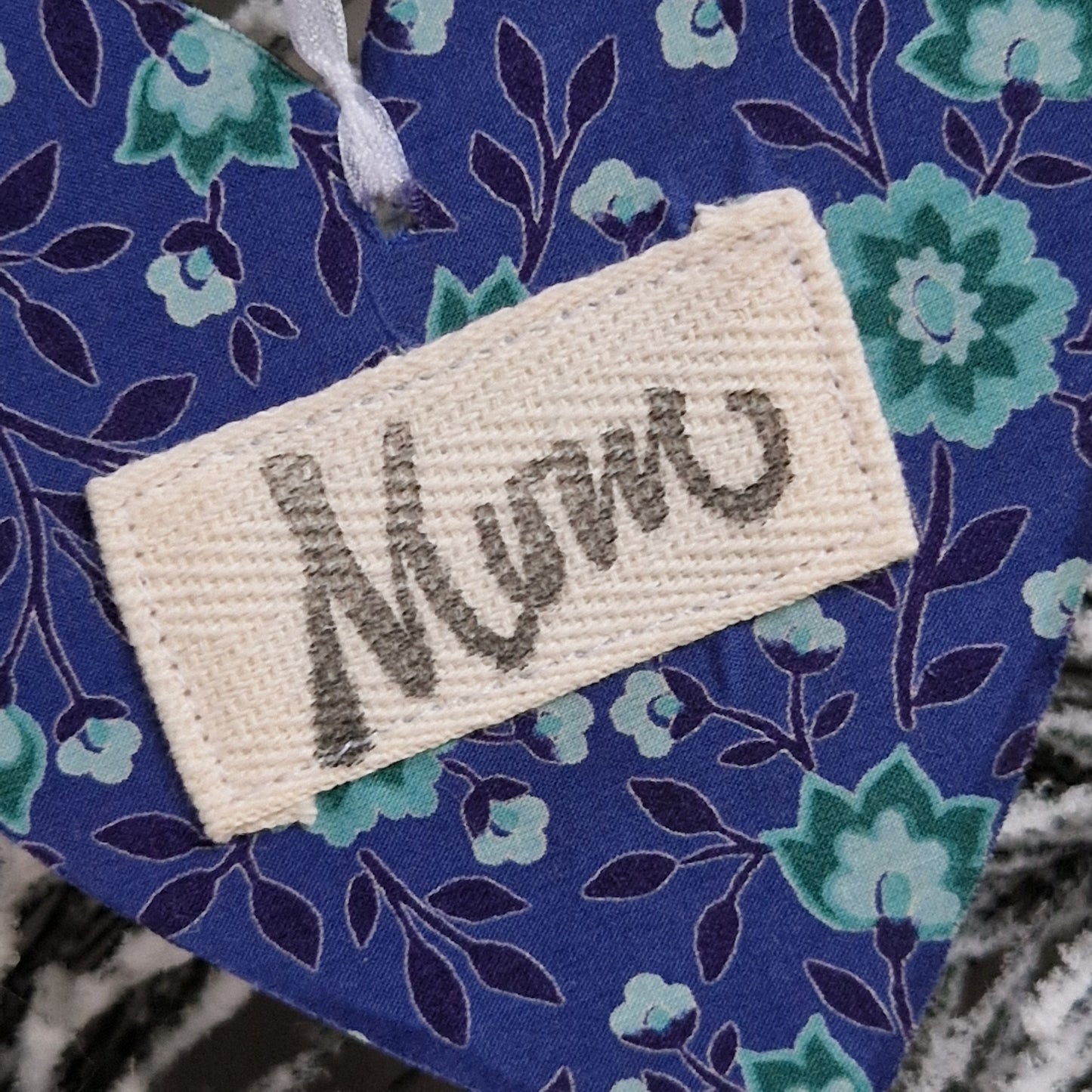 Wood and vintage Liberty hanging decoration in blue floral fabric with Mum sentiment