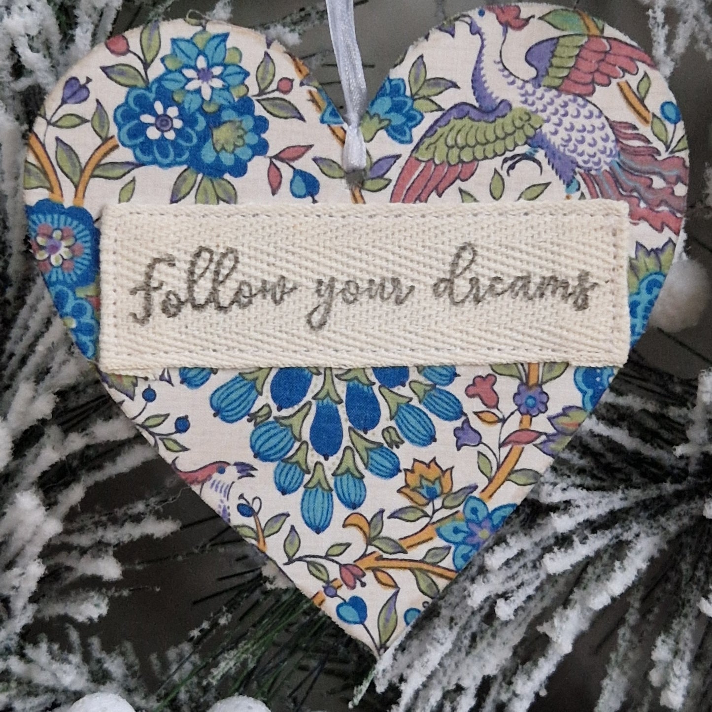 Wood and vintage Liberty blue floral fabric hanging decoration with follow your dreams sentiment