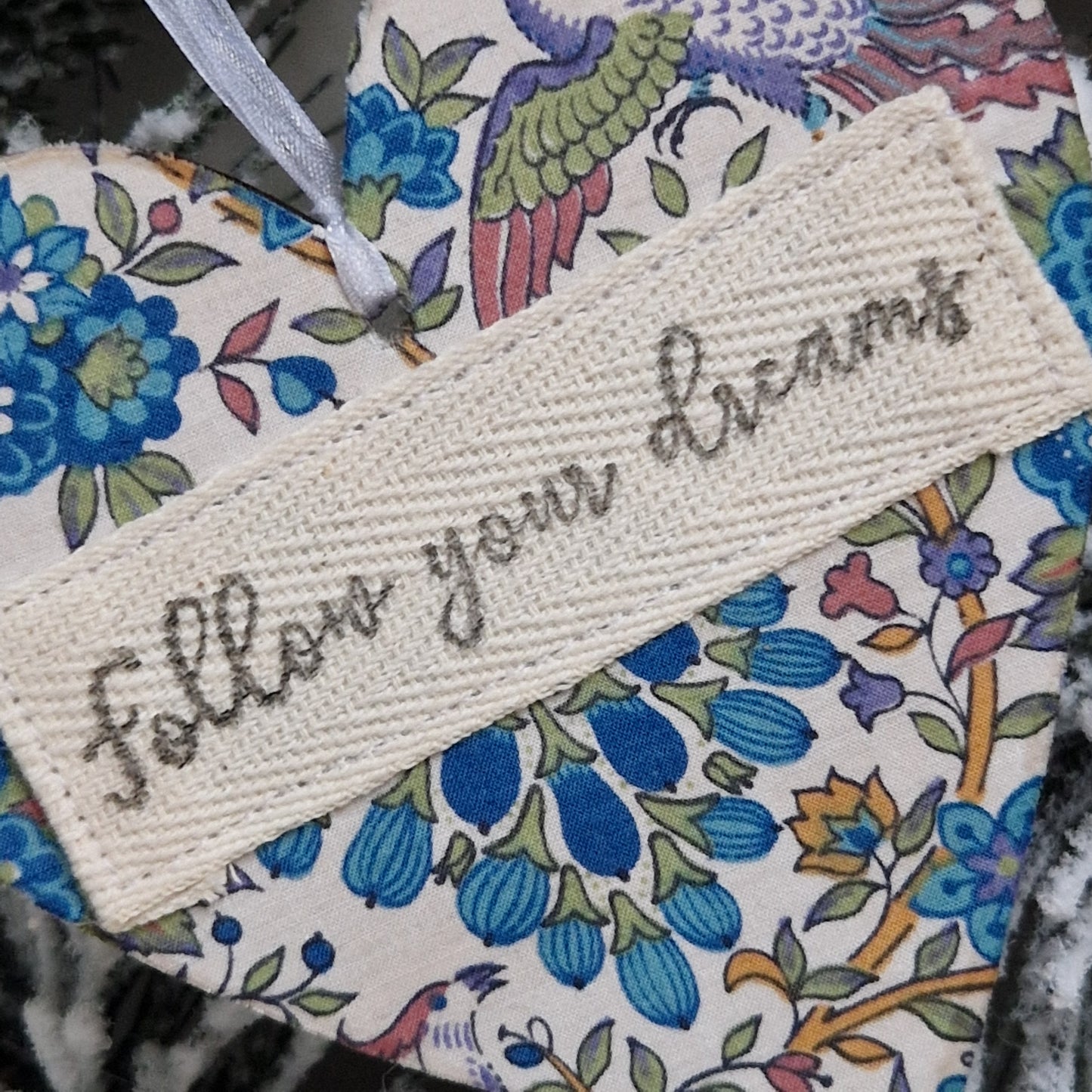 Wood and vintage Liberty blue floral fabric hanging decoration with follow your dreams sentiment